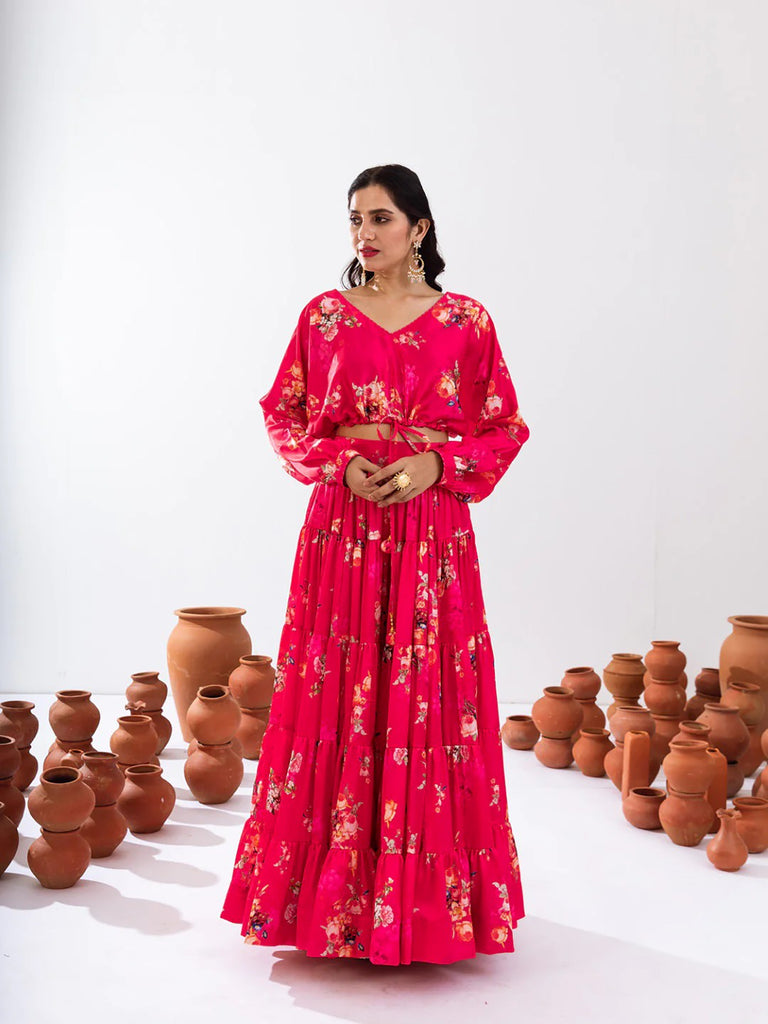 Women's Rani Pink Heavy Air Tex CHINON Printed V Neck Lehenga Set