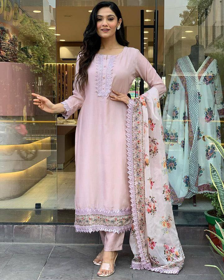 Women's Light Pink Viscose Chanderi Sequence Coding Embroidery V Nack Anarkali Set
