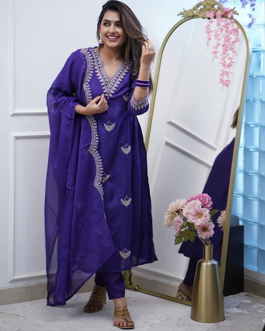Women's Purple Viscose Chanderi Sequence Coding Embroidery V Nack Anarkali Set