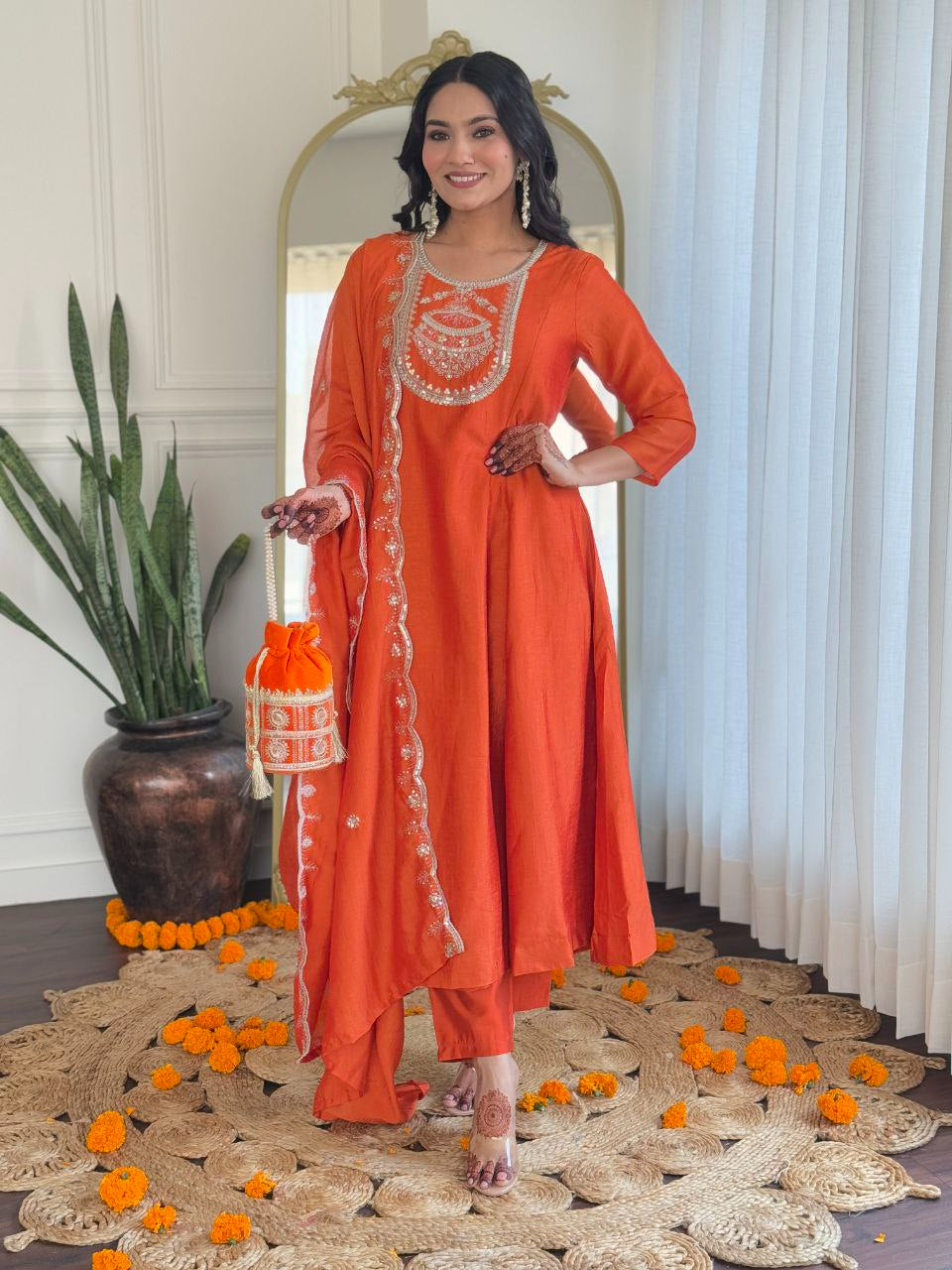 Women's Orange Viscose Chanderi Sequence Coding Embroidery V Nack Anarkali Set