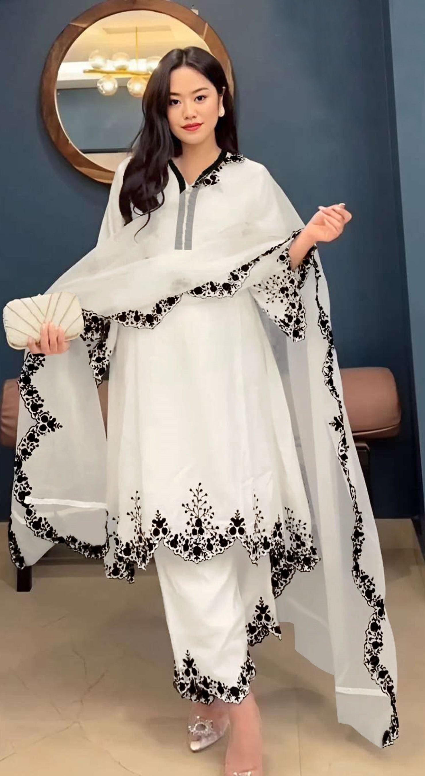 Women's White Embroidered Faux Georgette Free Size Stitched Pakistani Salwar Suit | Trendia Global Women's White Embroidered Faux Georgette Free Size Stitched Pakistani Salwar Suit | Trendia Global