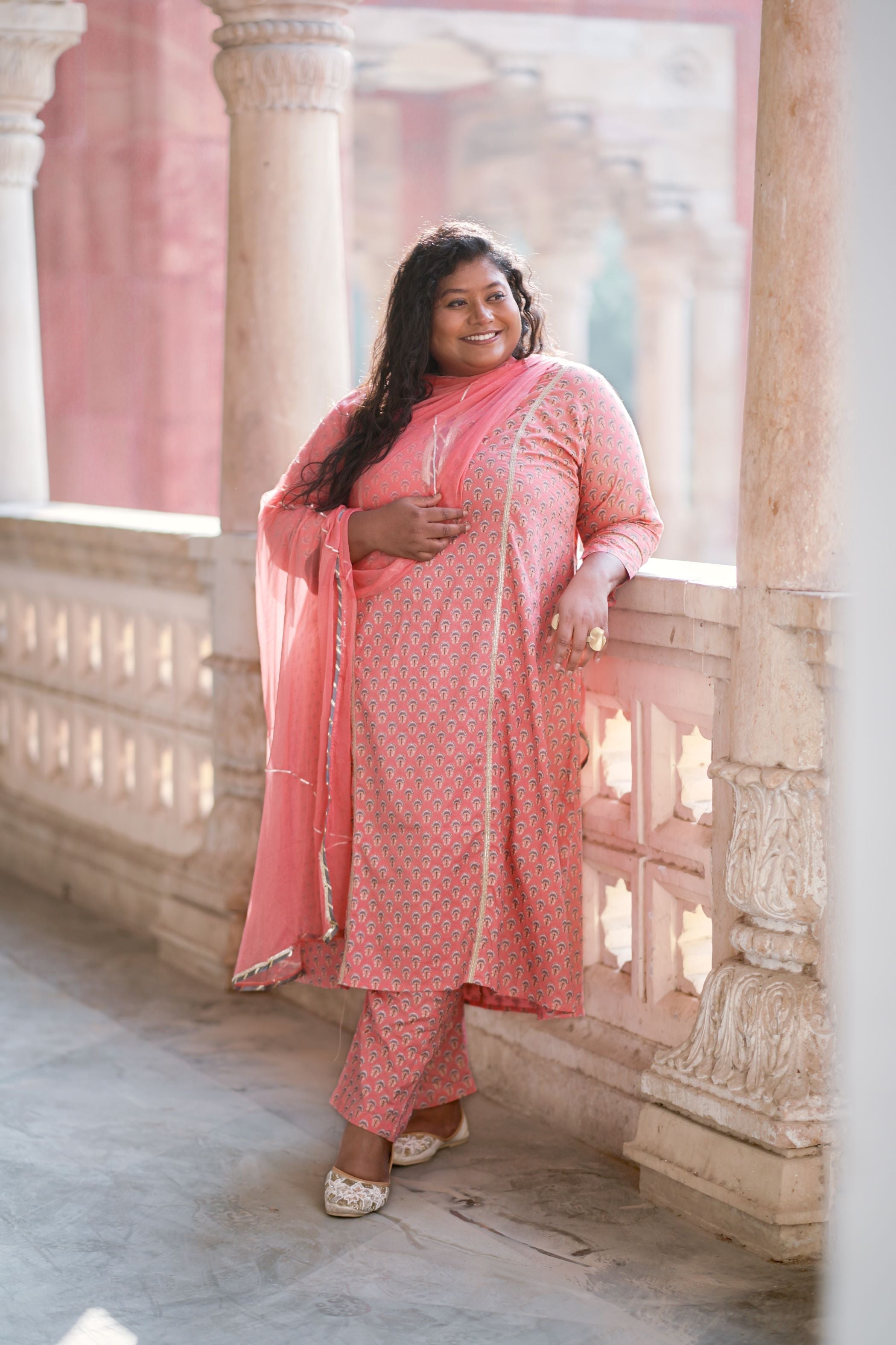 Women's Peach Booti Print Cotton Suit Set - Nangalia Ruchira