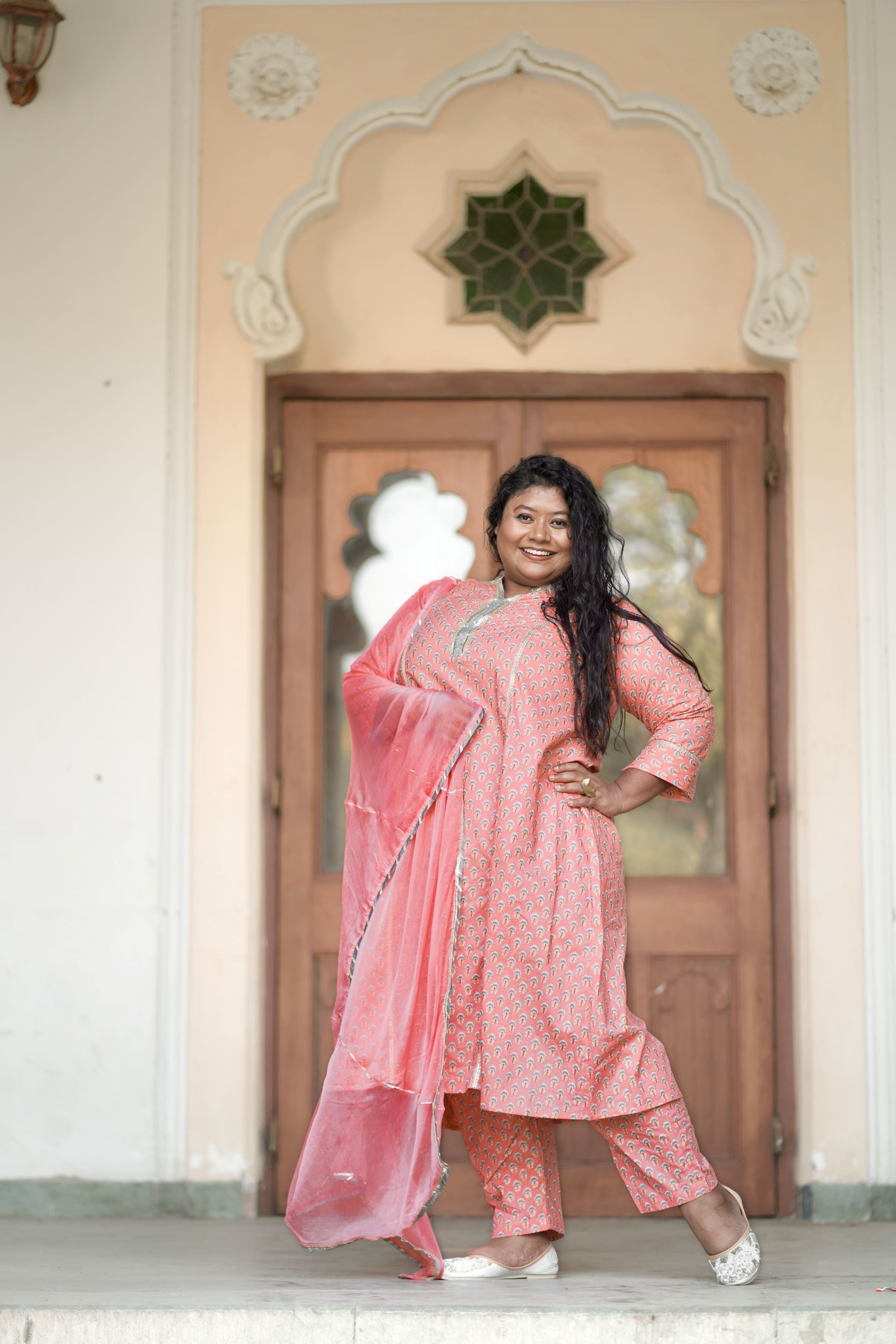 Women's Peach Booti Print Cotton Suit Set - Nangalia Ruchira