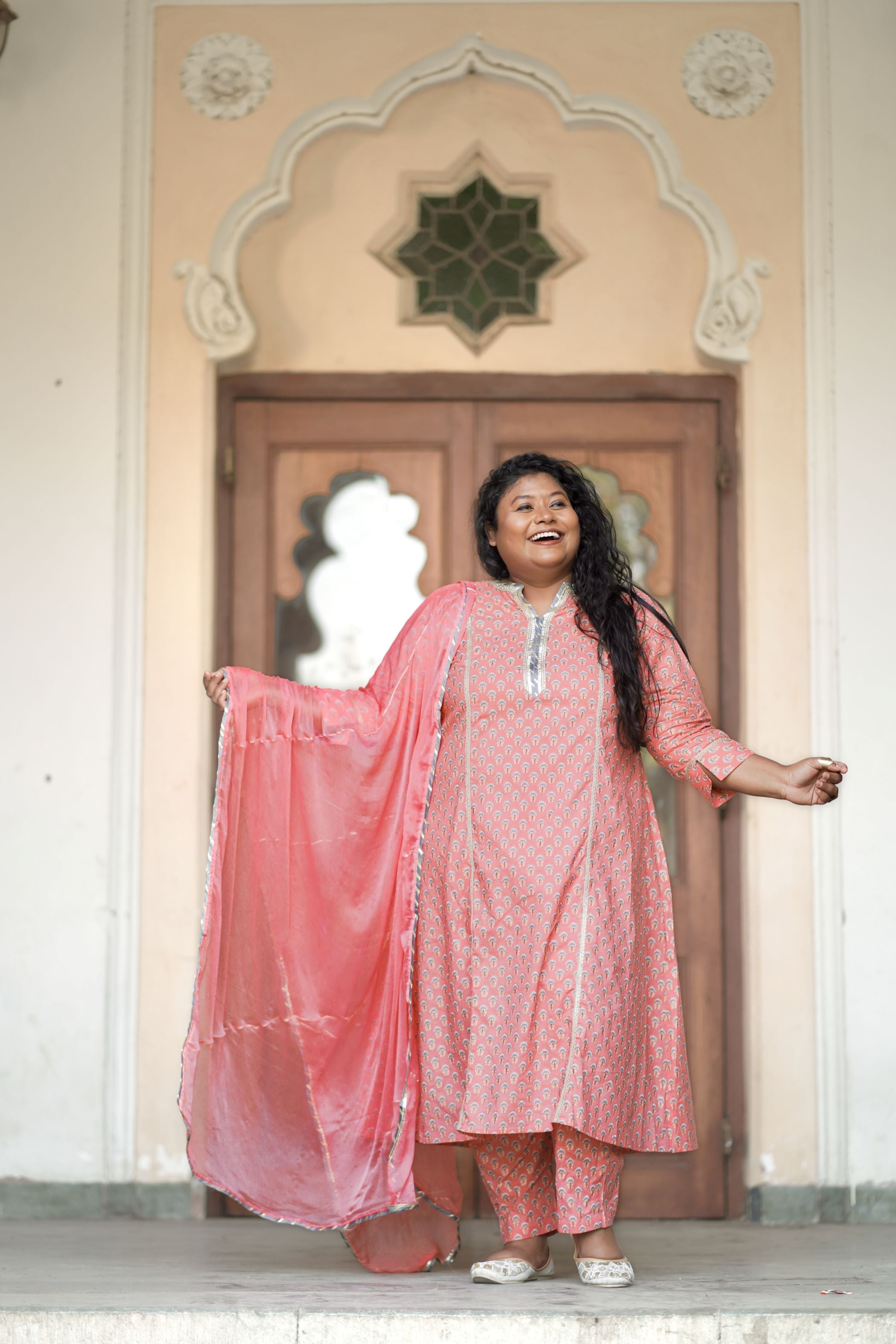 Women's Peach Booti Print Cotton Suit Set - Nangalia Ruchira