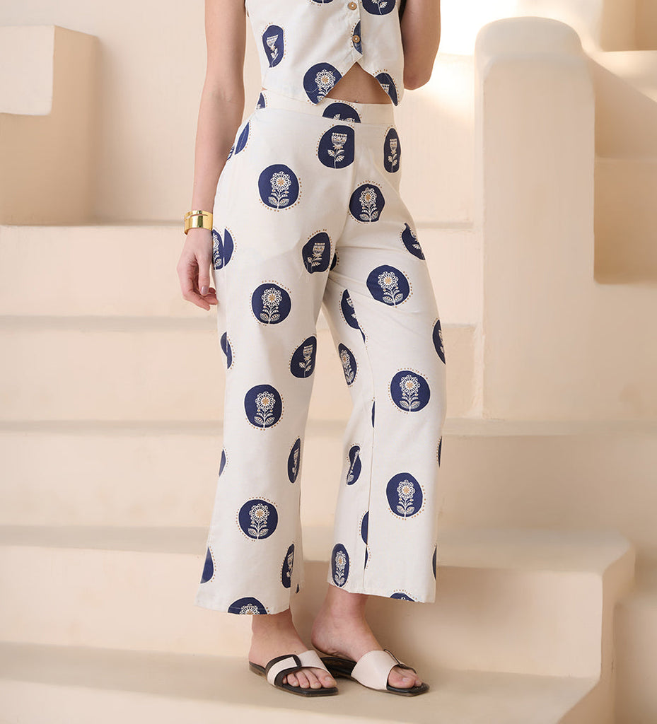 Women's Blue Botanical Printed Cotton Blend Trousers