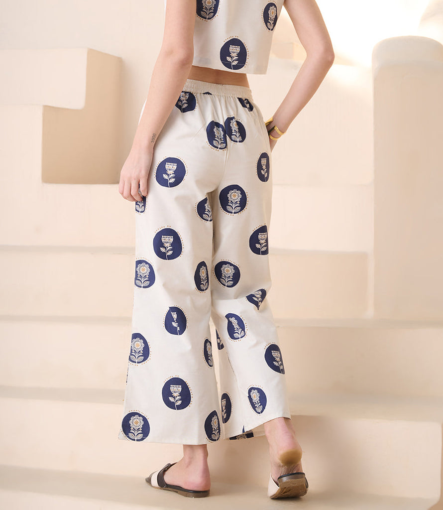 Women's Blue Botanical Printed Cotton Blend Trousers