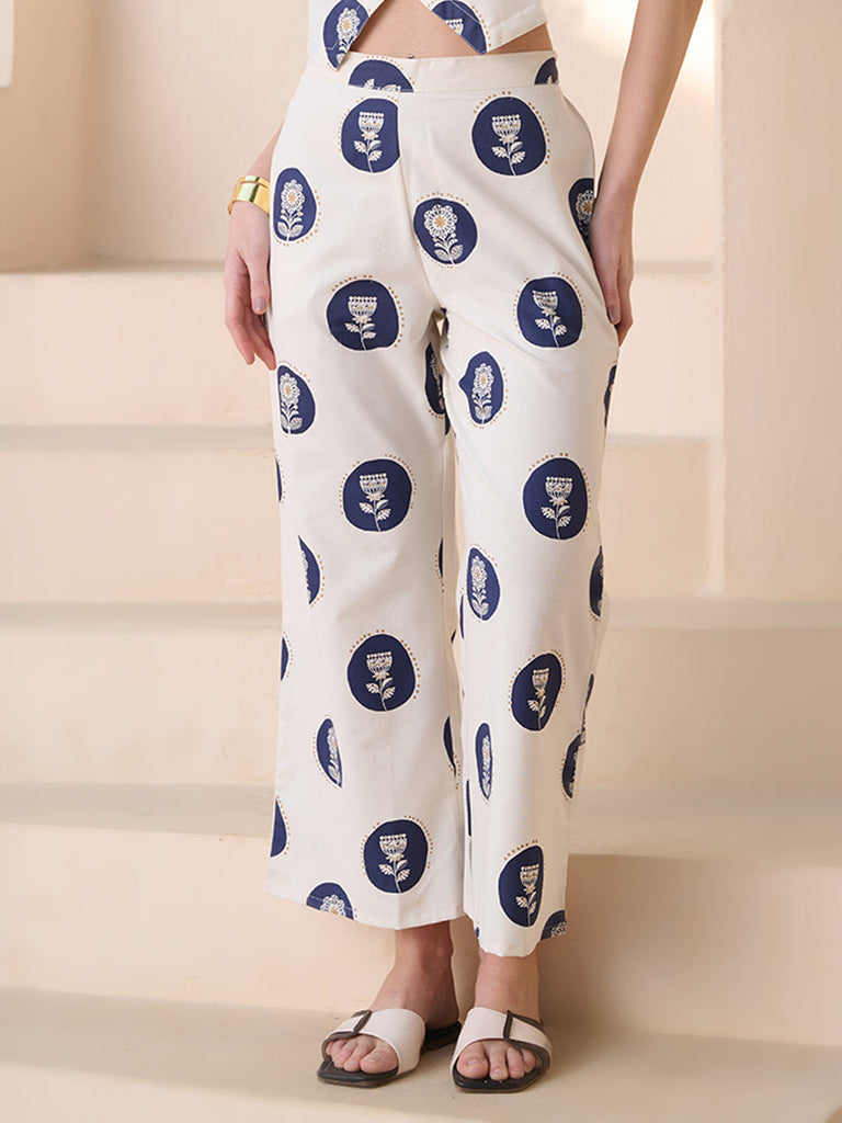 Women's Blue Botanical Printed Cotton Blend Trousers