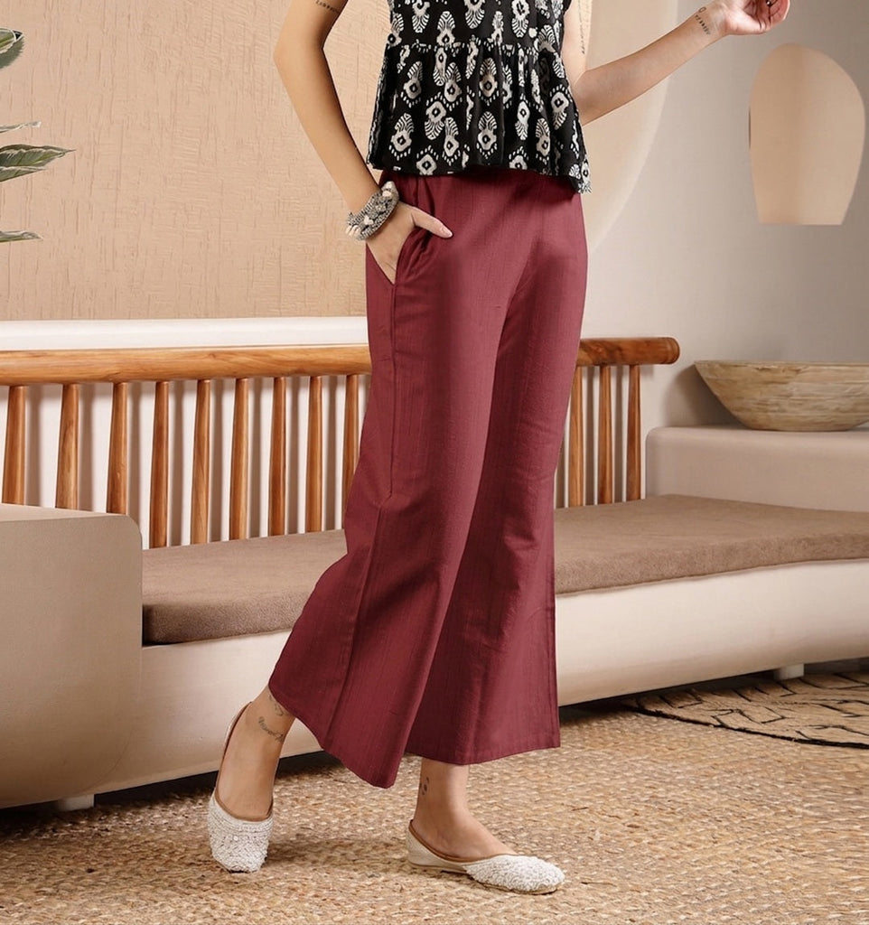 Women's Maroon Woven Design Cotton Blend Trousers
