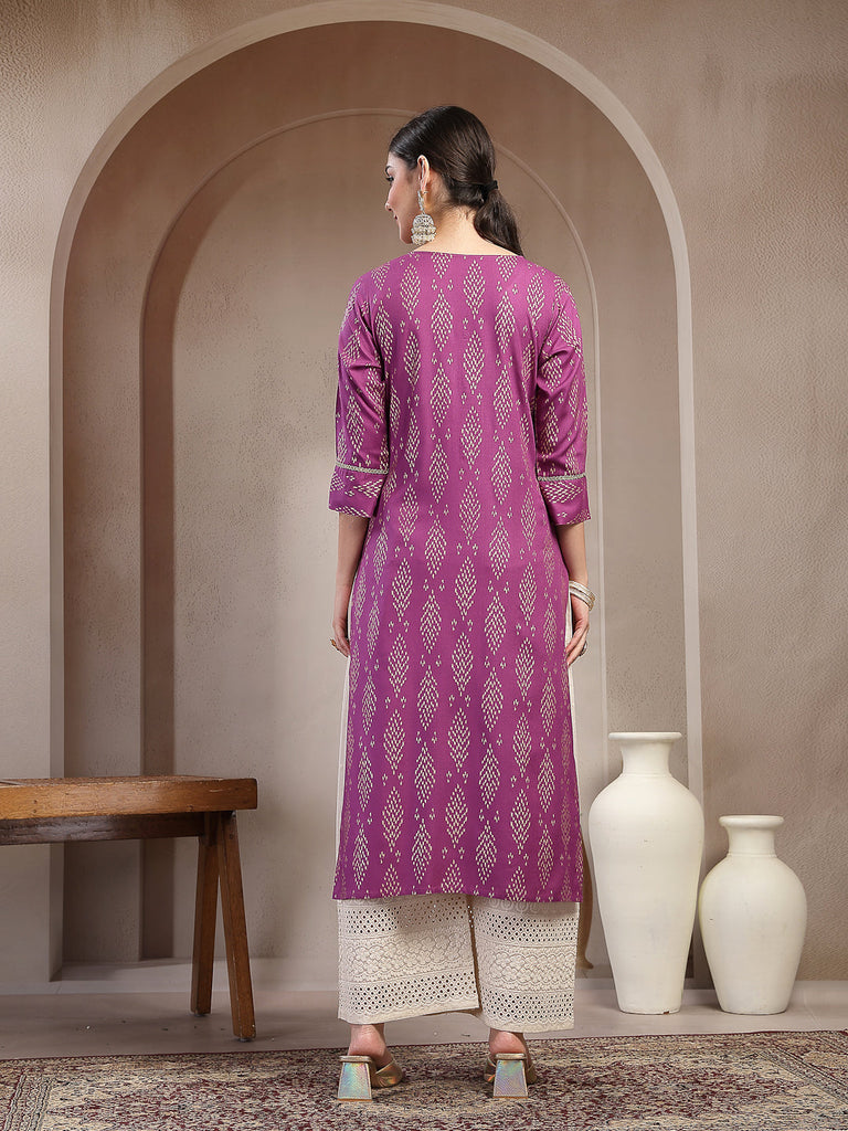 Women's Purple Ikat Printed Rayon A-line Kurta