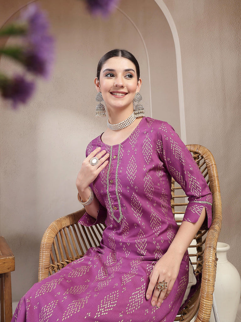 Women's Purple Ikat Printed Rayon A-line Kurta