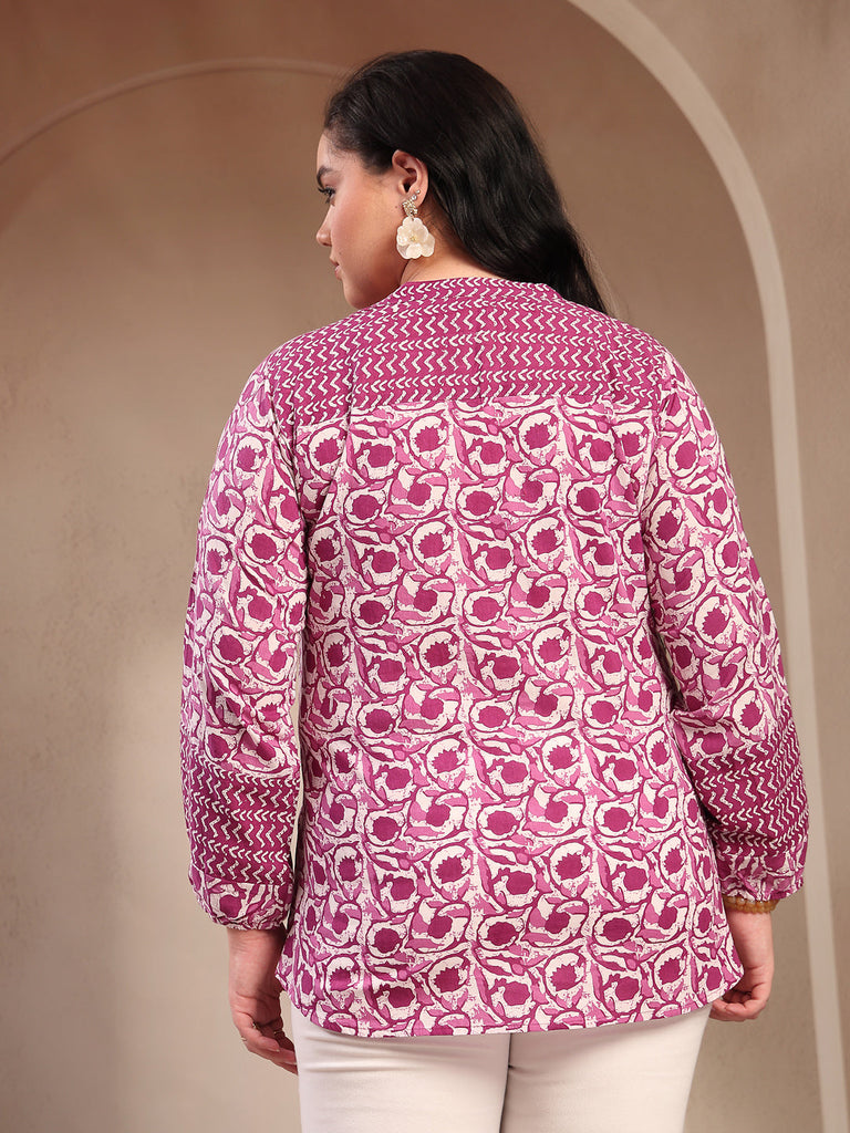 Women's Plus Size Purple Floral Printed Cotton Top