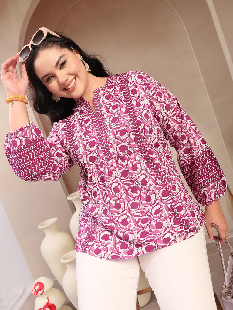 Women's Plus Size Purple Floral Printed Cotton Top