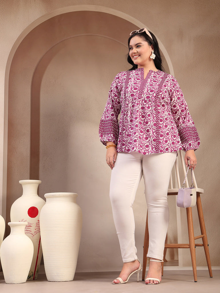 Women's Plus Size Purple Floral Printed Cotton Top