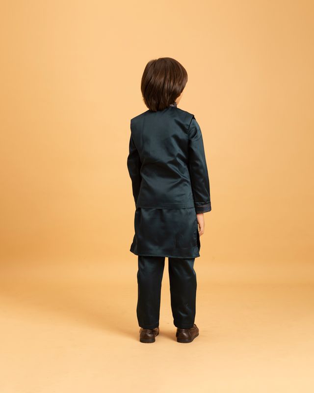 Boy's Dark Green Malai Satin Kurta Set
