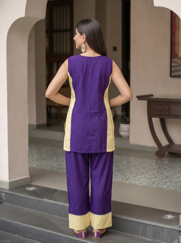 Women's Purple & Butter Yellow Roman Silk Contrast Panel Co-Ord Set