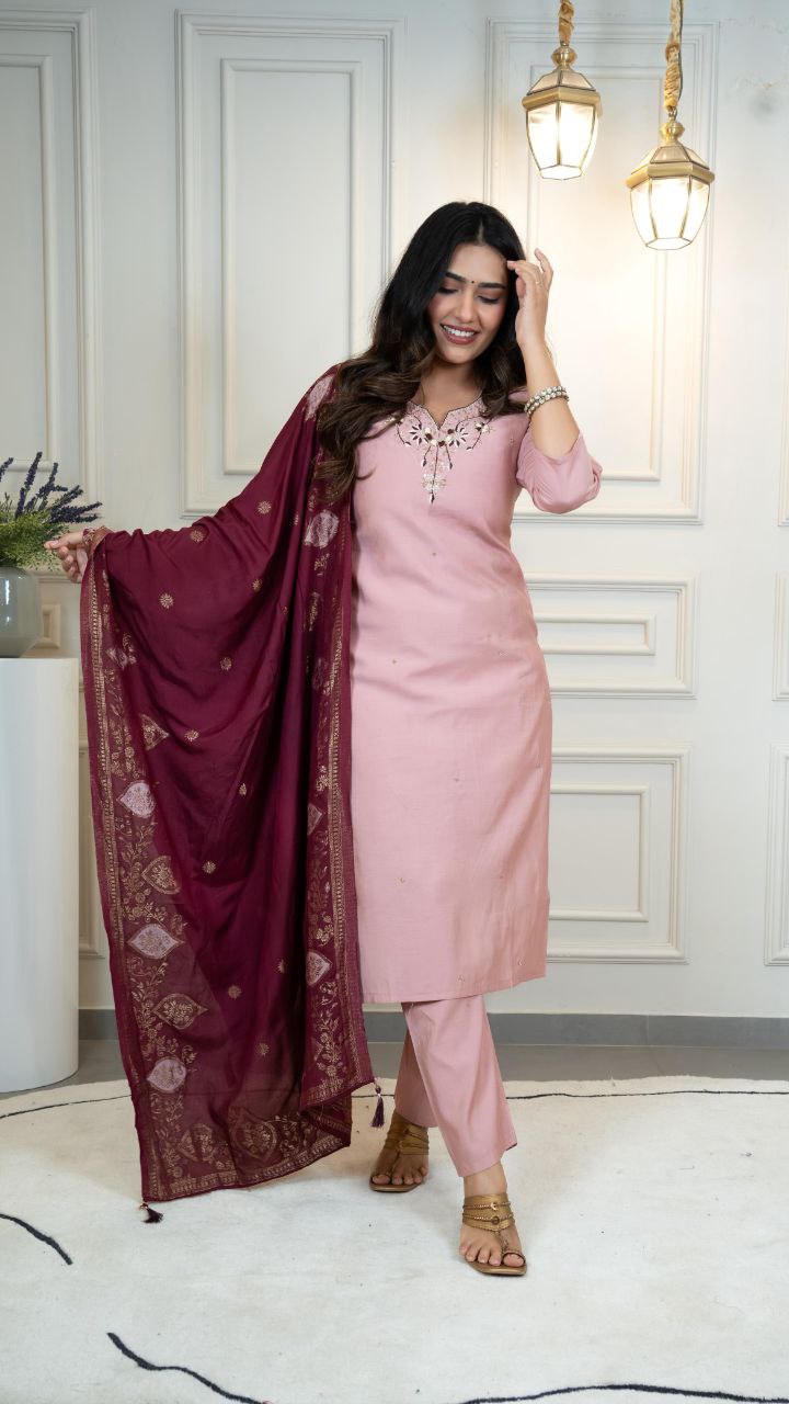Women's Pink Roman Silk Hand Work Kurta Pant With Dupatta