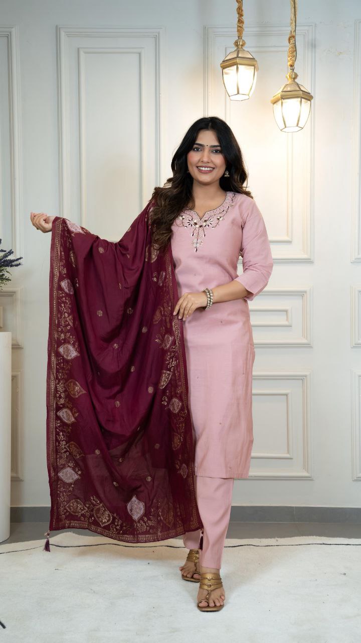 Women's Pink Roman Silk Hand Work Kurta Pant With Dupatta