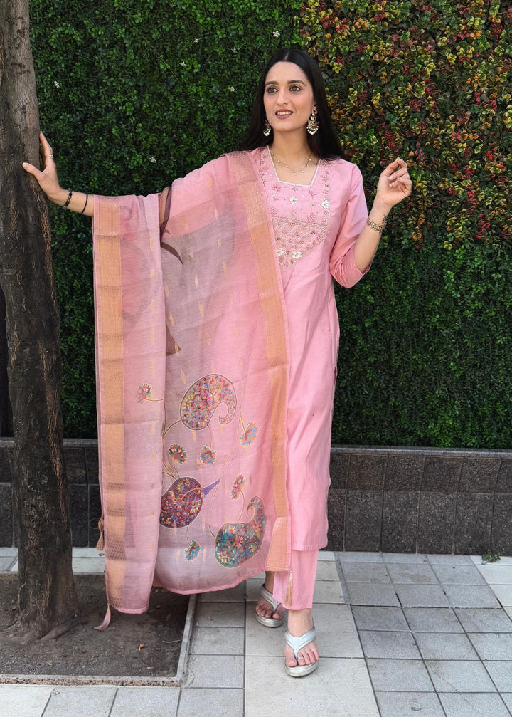 Women's Pink Roman Silk Hand Work Kurta Pant With Dupatta