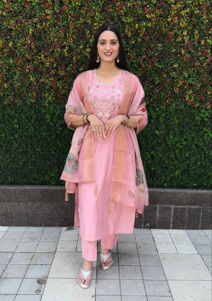 Women's Pink Roman Silk Hand Work Kurta Pant With Dupatta