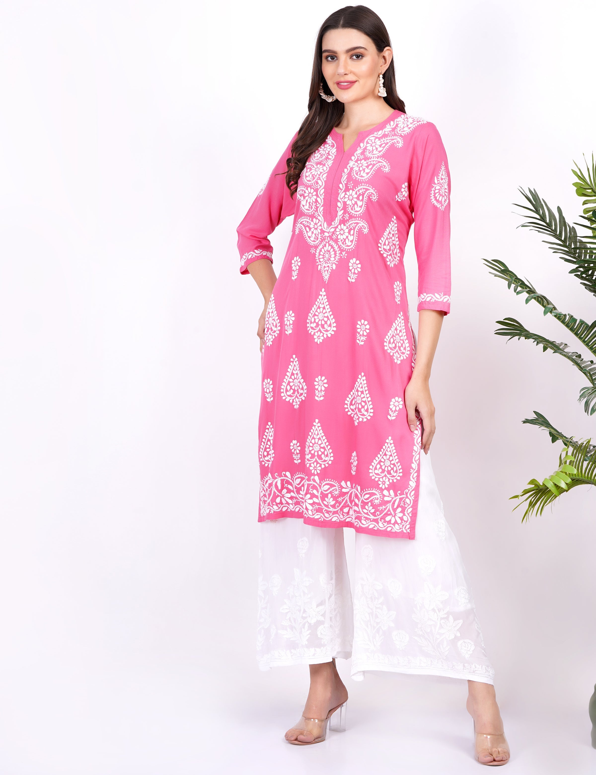 Women's Pink Rayon Chikankari Kurti
