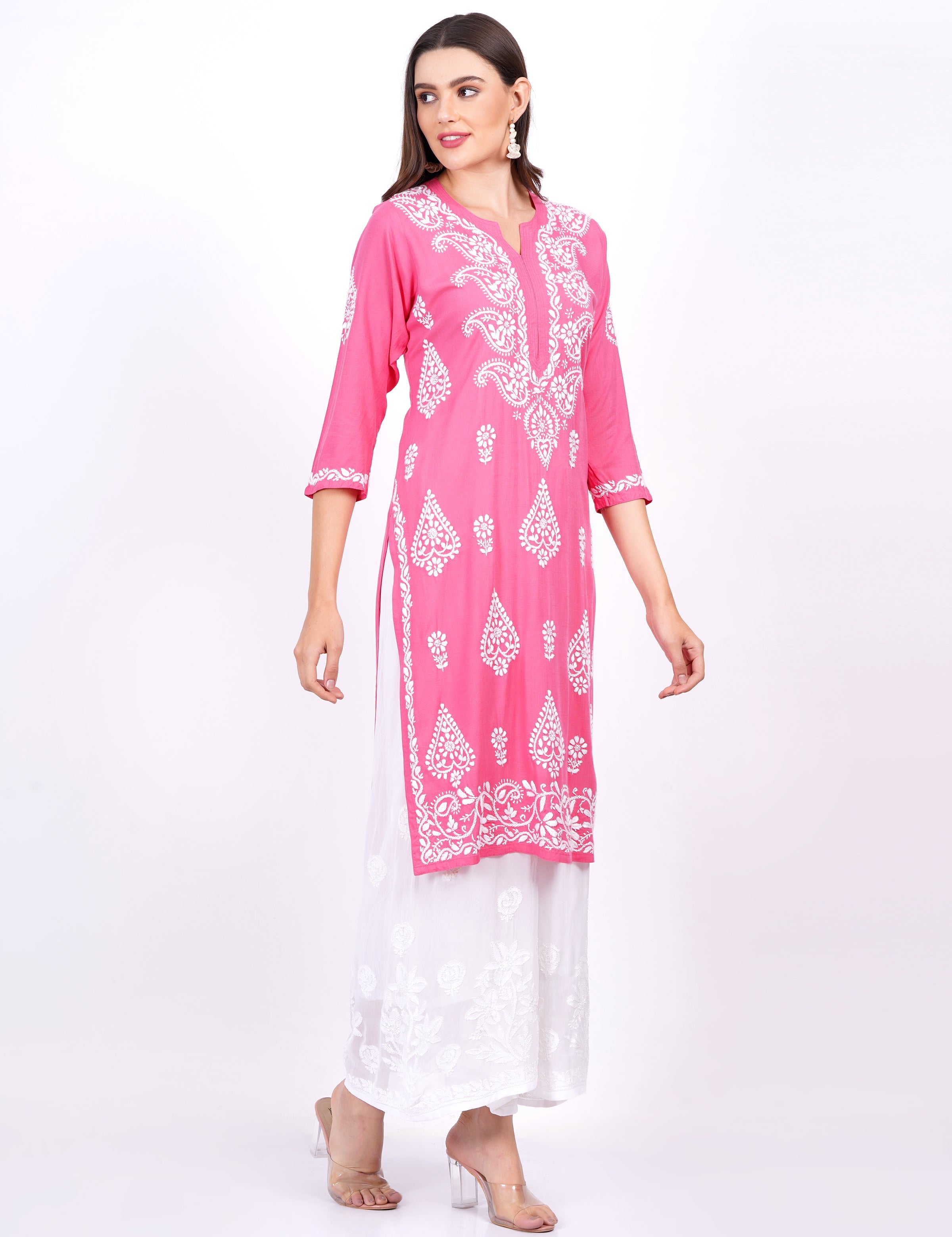 Women's Pink Rayon Chikankari Kurti