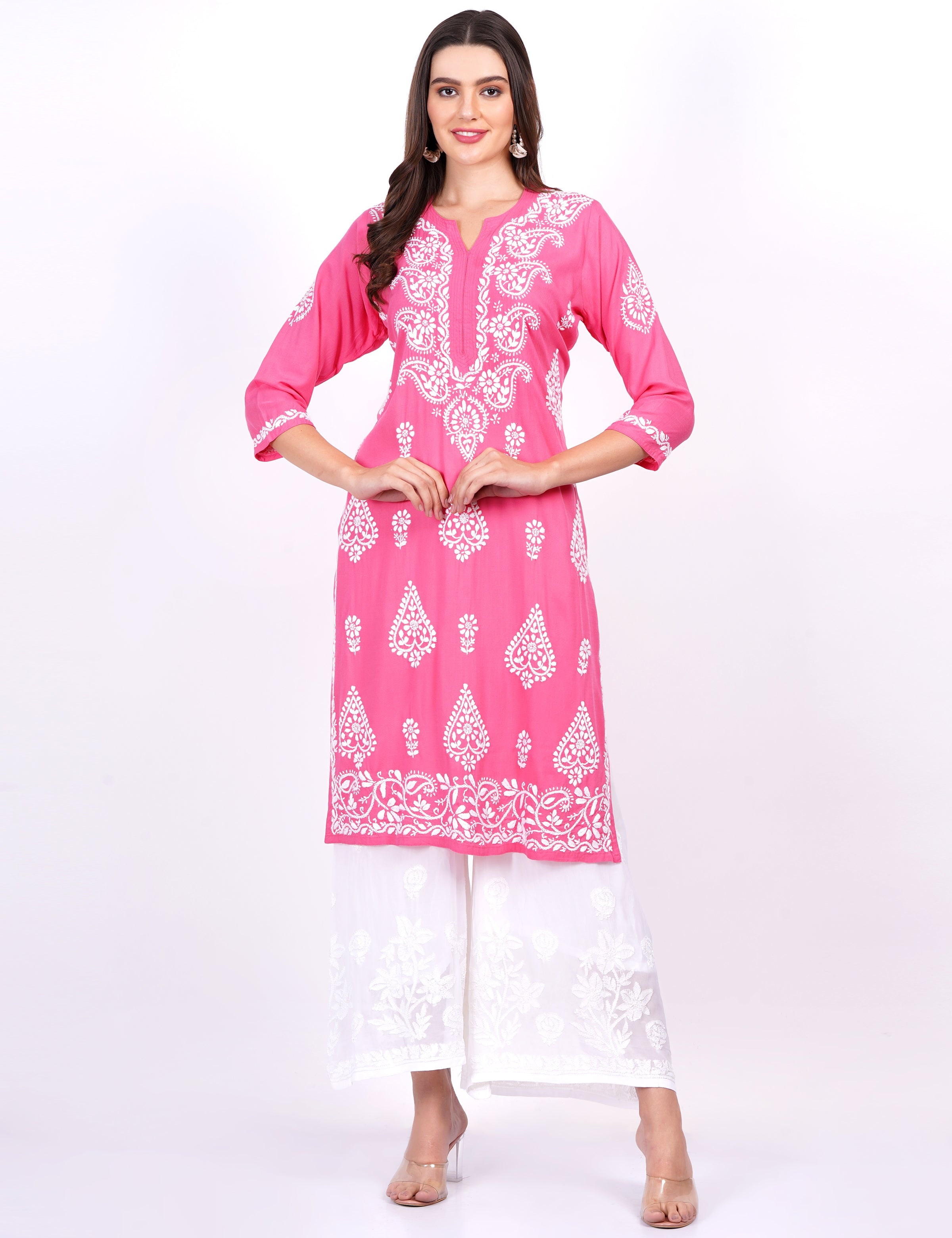 Women's Pink Rayon Chikankari Kurti
