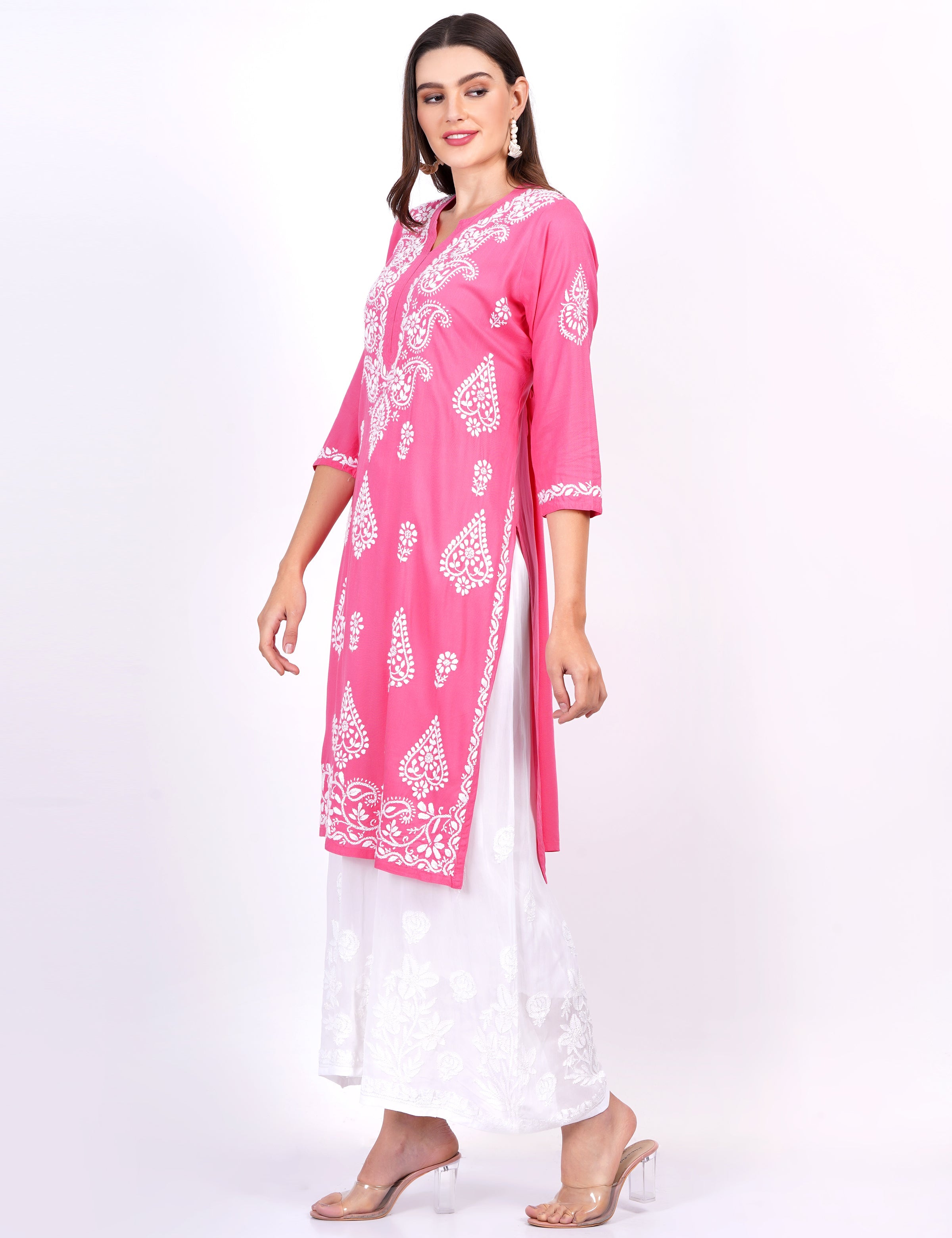 Women's Pink Rayon Chikankari Kurti