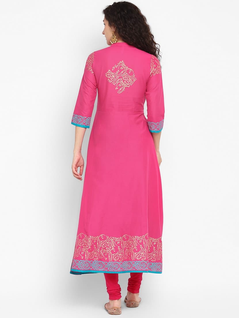 Women's Pink Cotton Printed Anarkali Kurti - Taantav