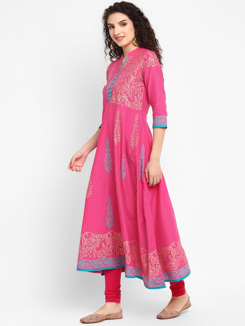 Women's Pink Cotton Printed Anarkali Kurti - Taantav