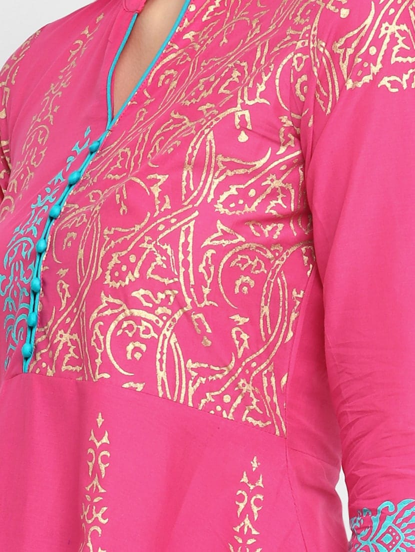 Women's Pink Cotton Printed Anarkali Kurti - Taantav