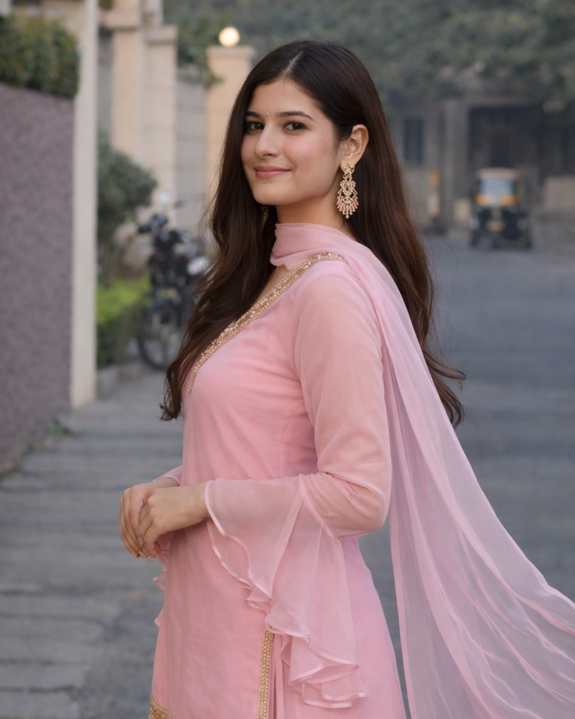 Women's Baby Pink Georgette Kurta Set with Palazzo & Dupatta – Gold Embroidered Border