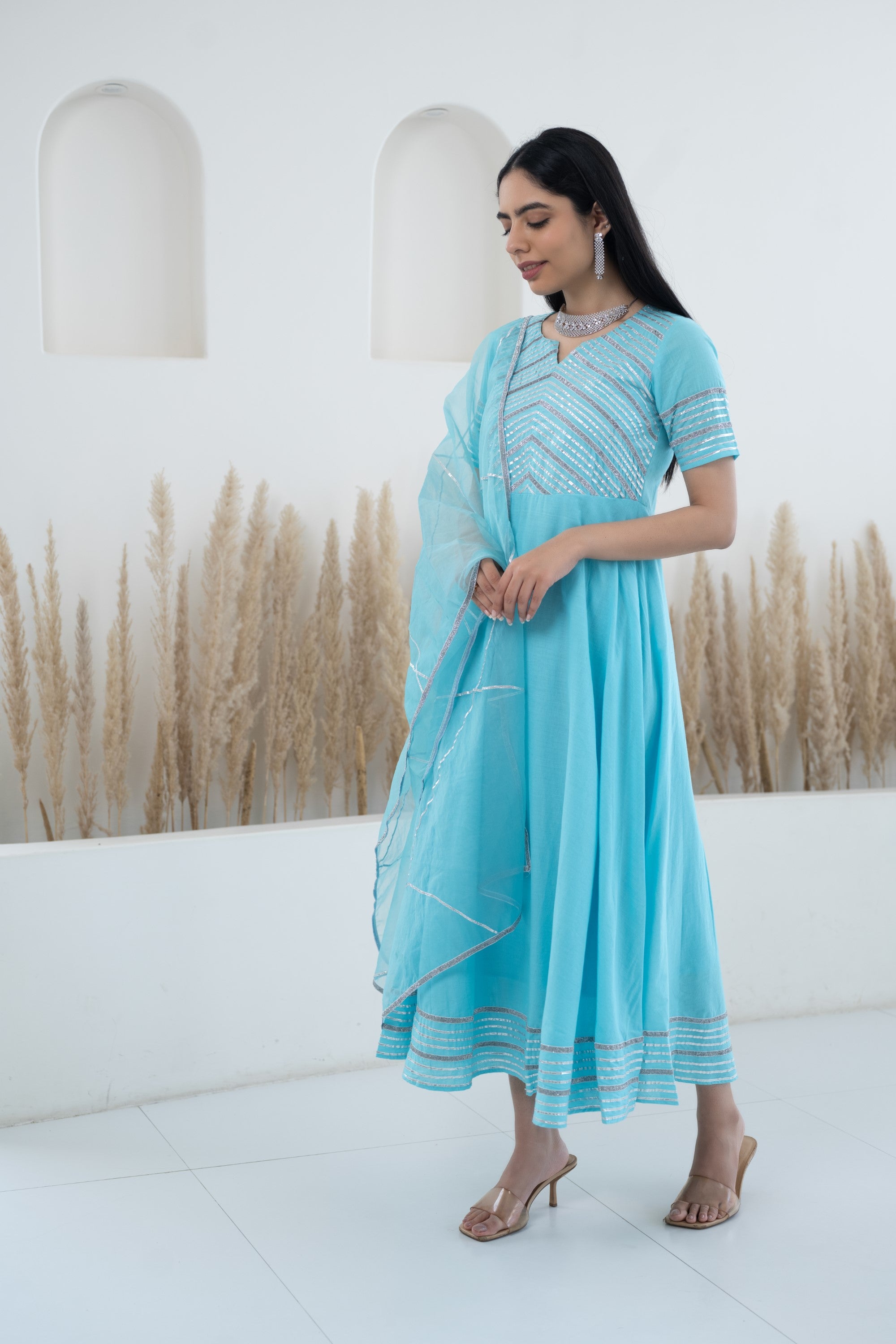 Women’s Blue Anarkali Gown with Dupatta by Myshka- 2 pc set