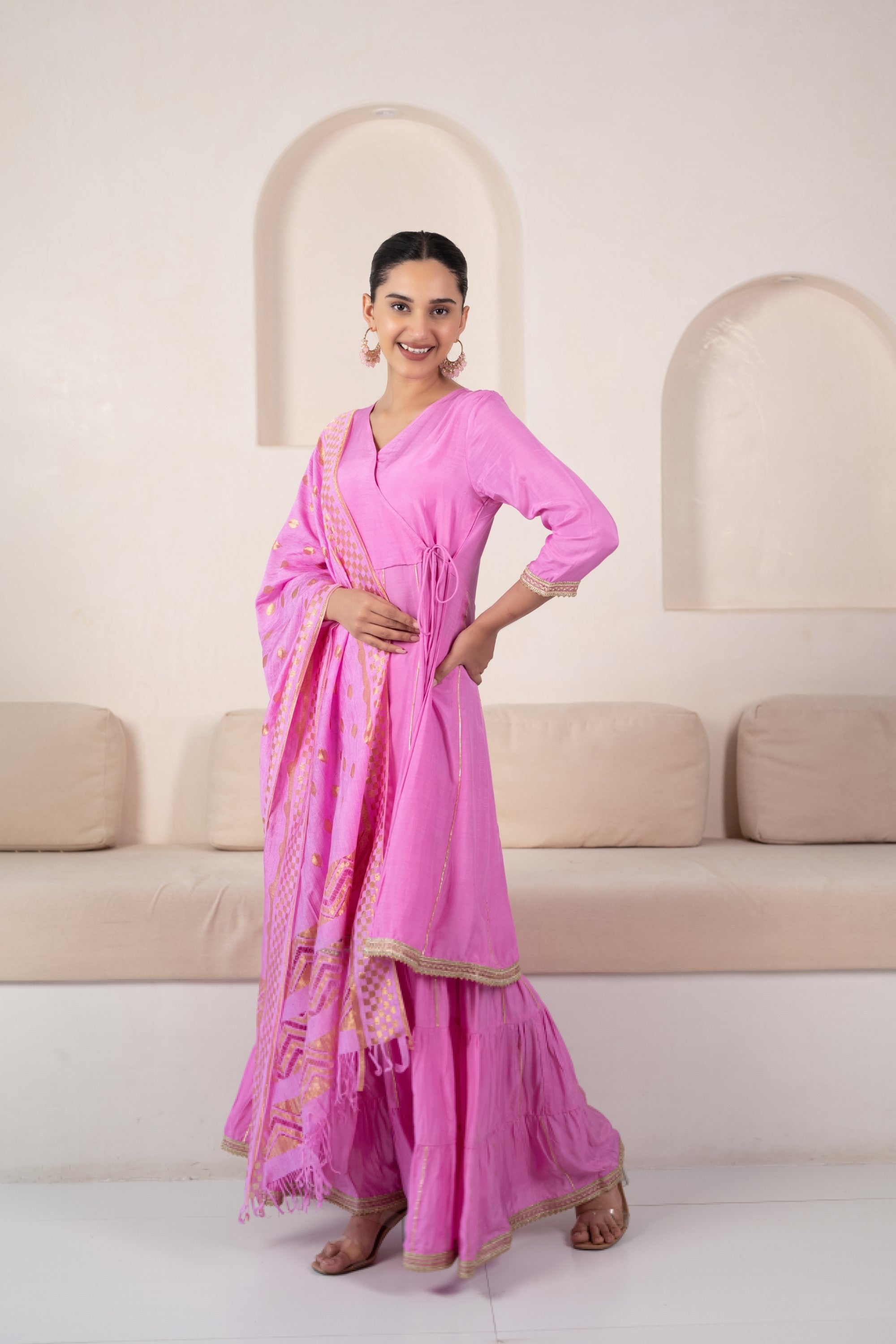 Women’s Pink Angrakha Kurta set by Myshka- 3pc set