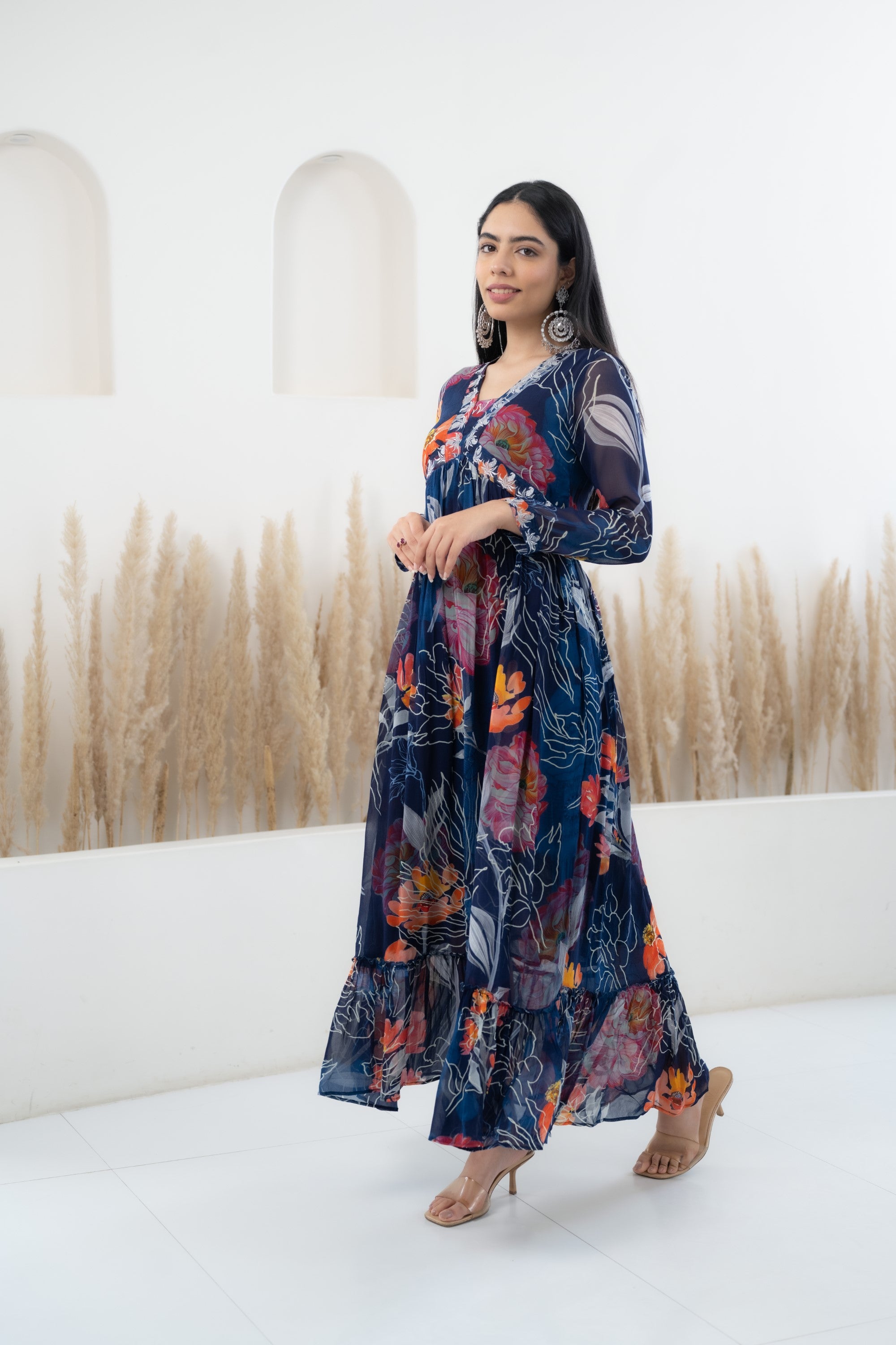 Women’s Blue Floral Printed Long Dress by Myshka- 1 pc set