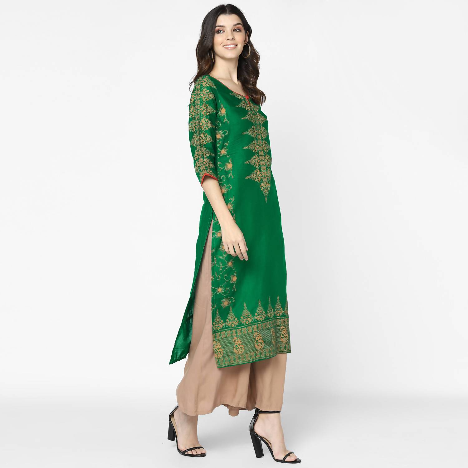 Women's Bottle Green 100% Cotton Hand Block Print Straight Kurta Only
