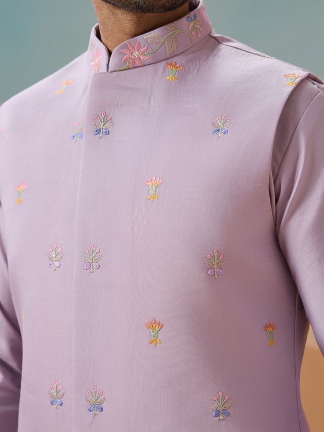Men's Lavender Viscose Silk Multi Thread With Sequence Embroidered Work Kurta Set