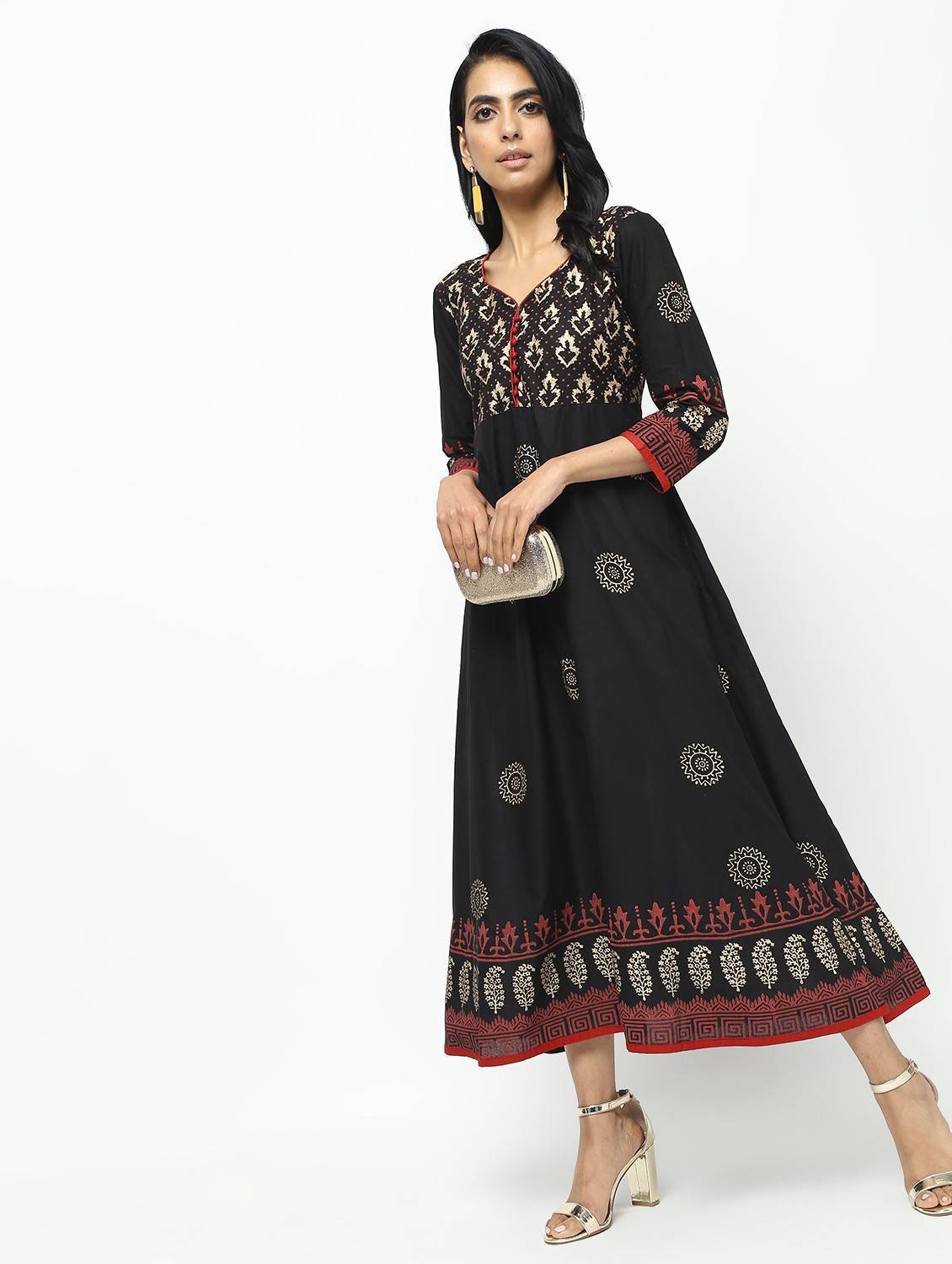 Women's Black Front Contrast Butning And Beautiful Block Print Design Anarkali Kurta Only - Chee