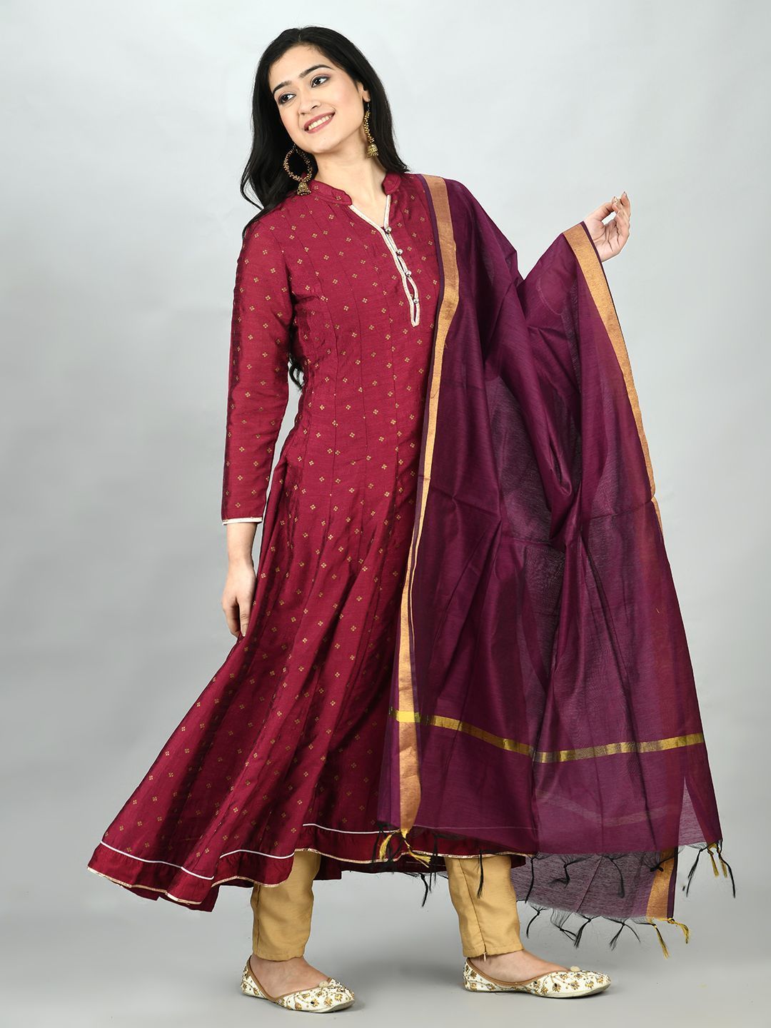 Women's Wine Georgette Printed 3/4 Sleeve Mandarin Neck Casual Anarkali Kurta Dupatta Set