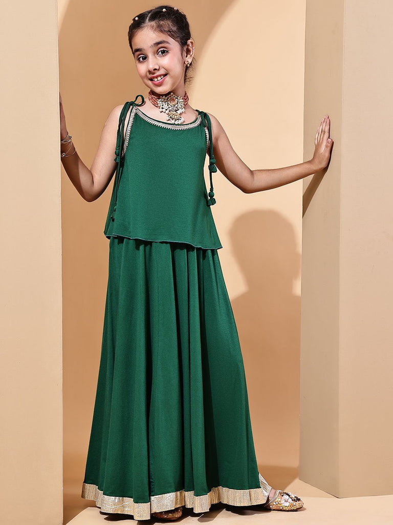 Girl's Green Viscose Rayon Solid Lehenga Set