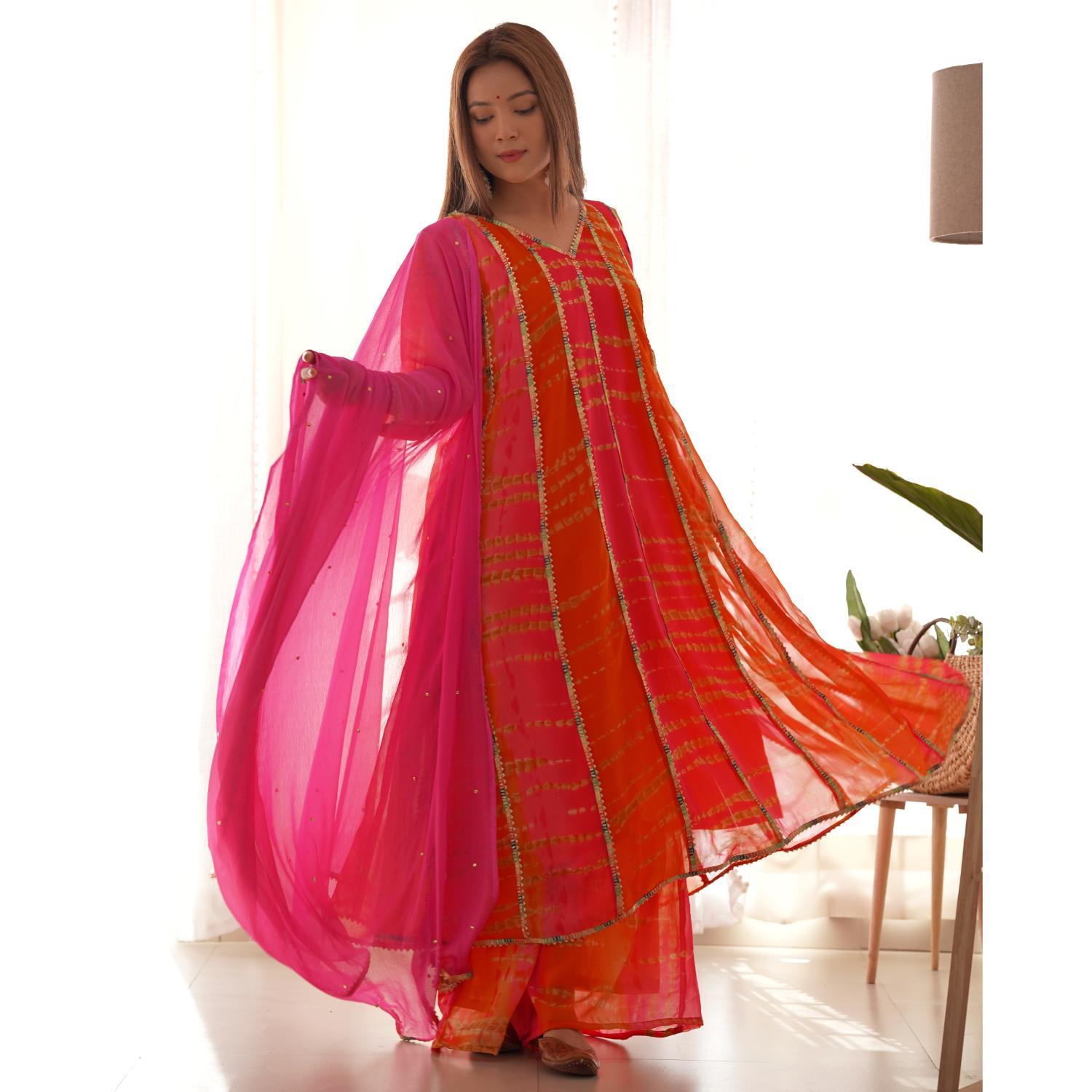 Women's Magenta And Orange Tie & Dye Anarkali Palazzo Set With Dupatta - Rangpur