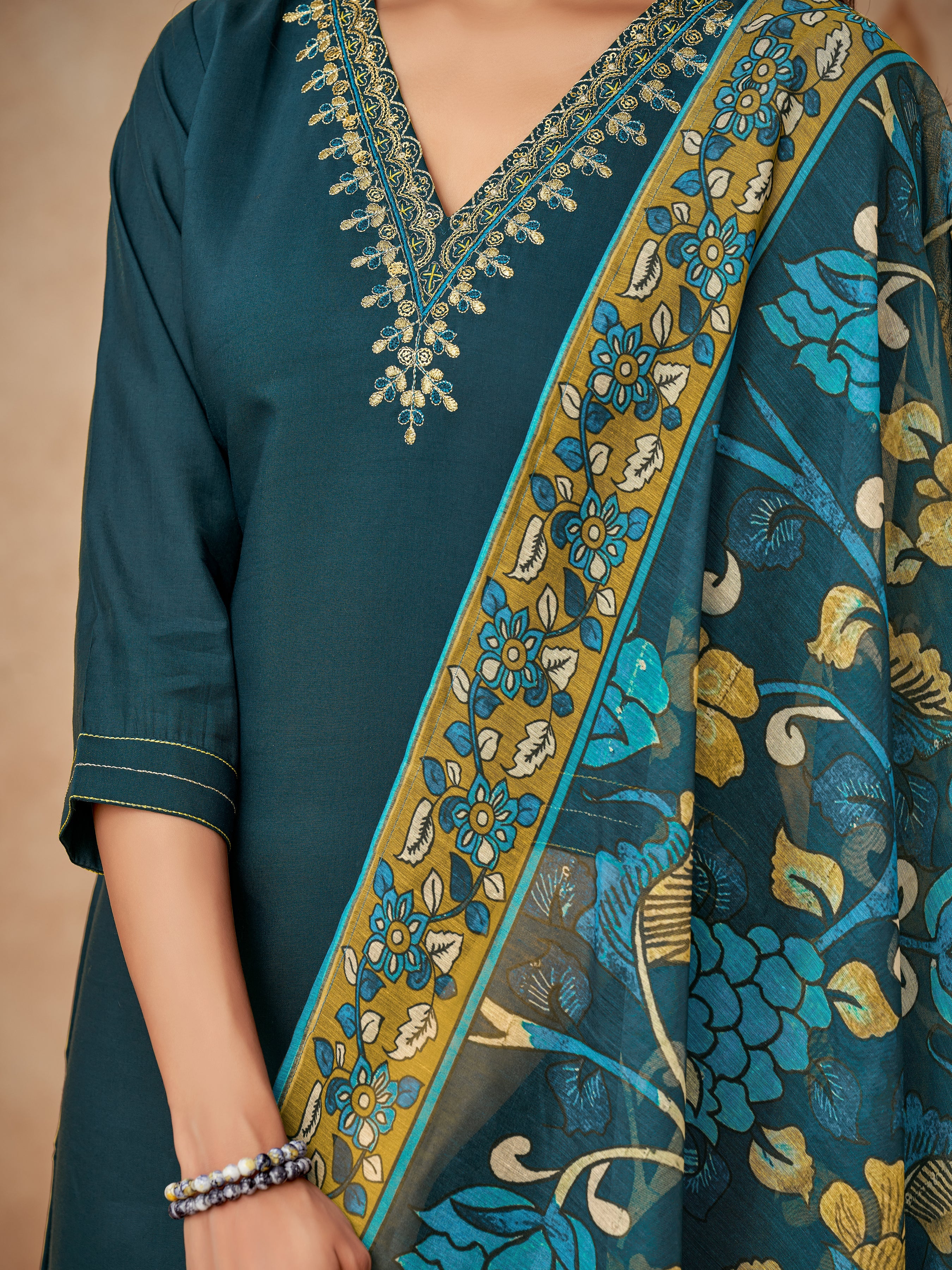 Women's V Neck Embroidered Work Cotton Silk Fabric Kurta & Pant With Dupatta Set - Taantav