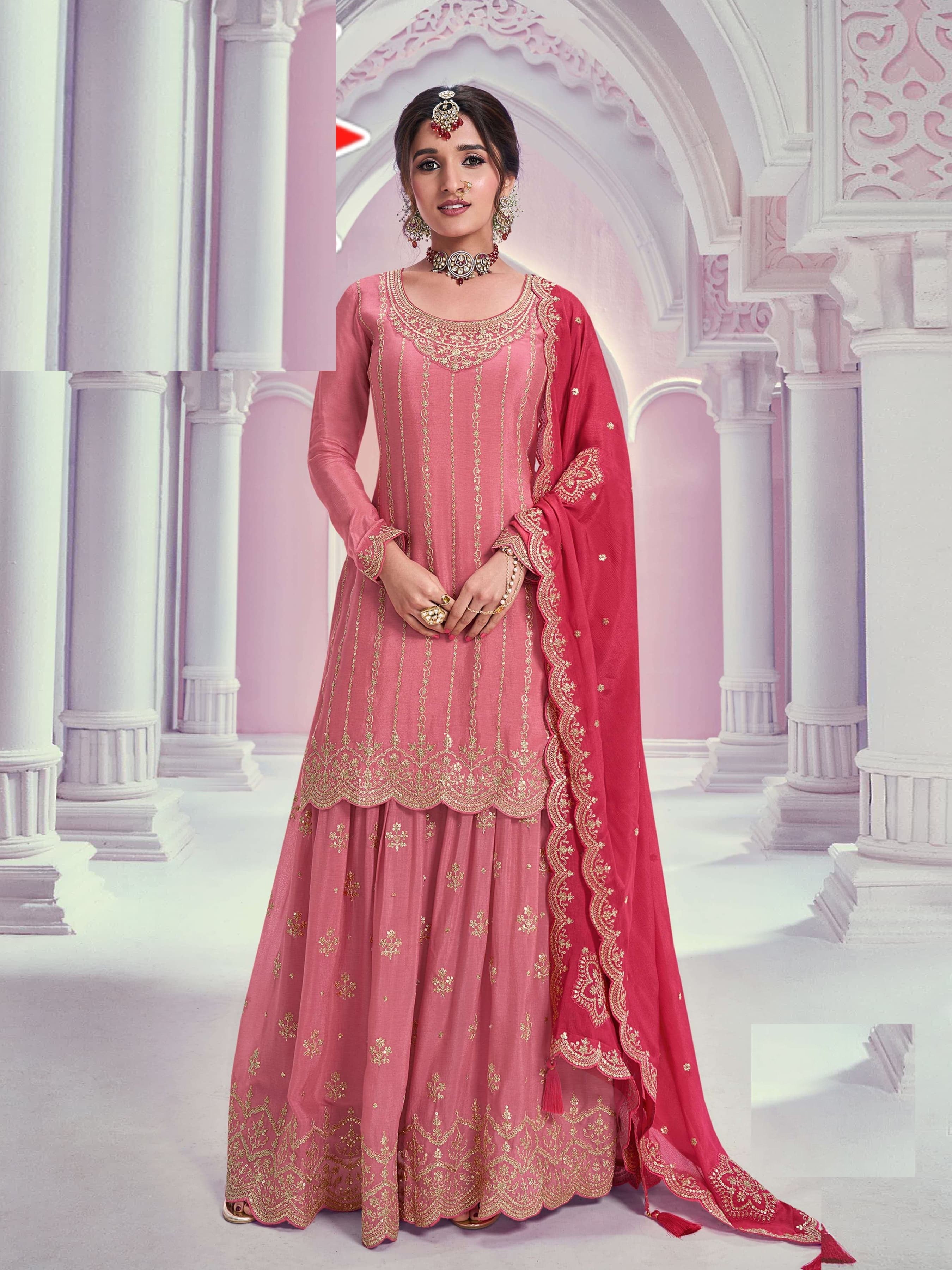 Women's Pink Silk Embroidered Kurta Set -Aarshi Fashions