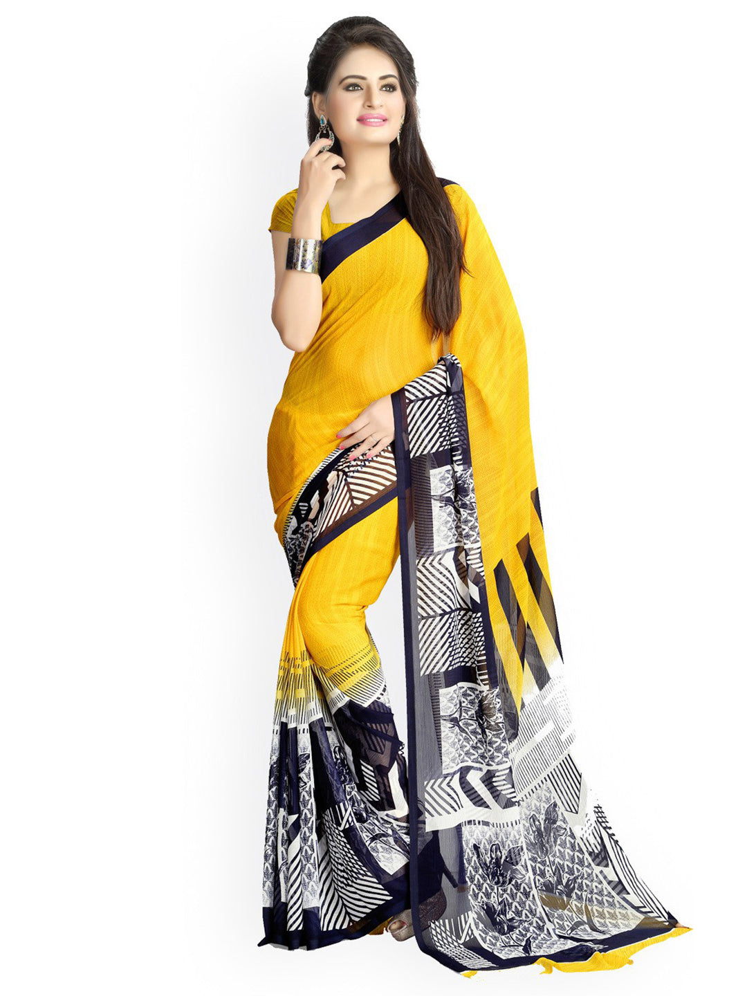 Women's Yellow Chiffon Printed Saree - Ahika