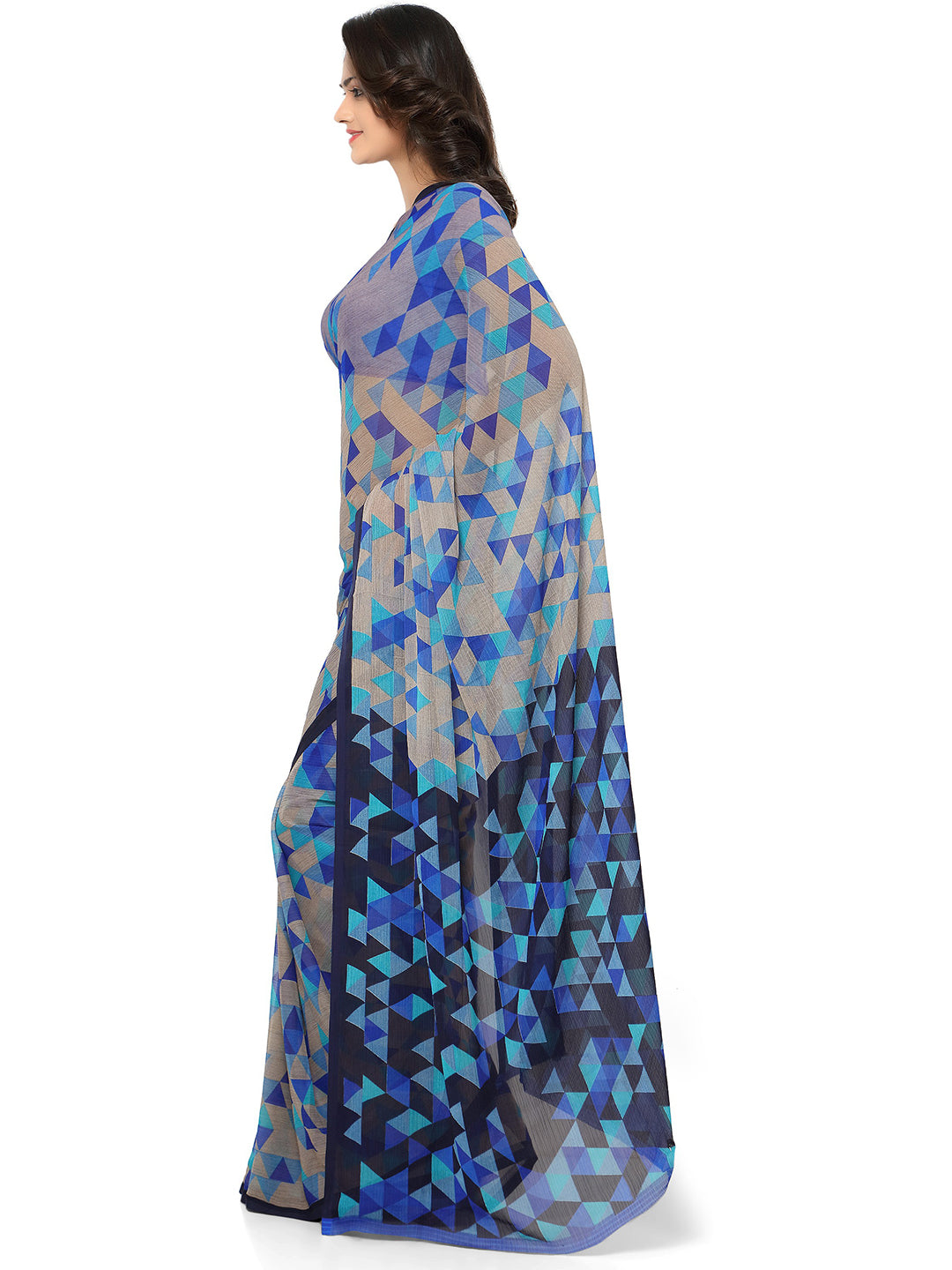 Women's Blue Chiffon Printed Saree - Ahika