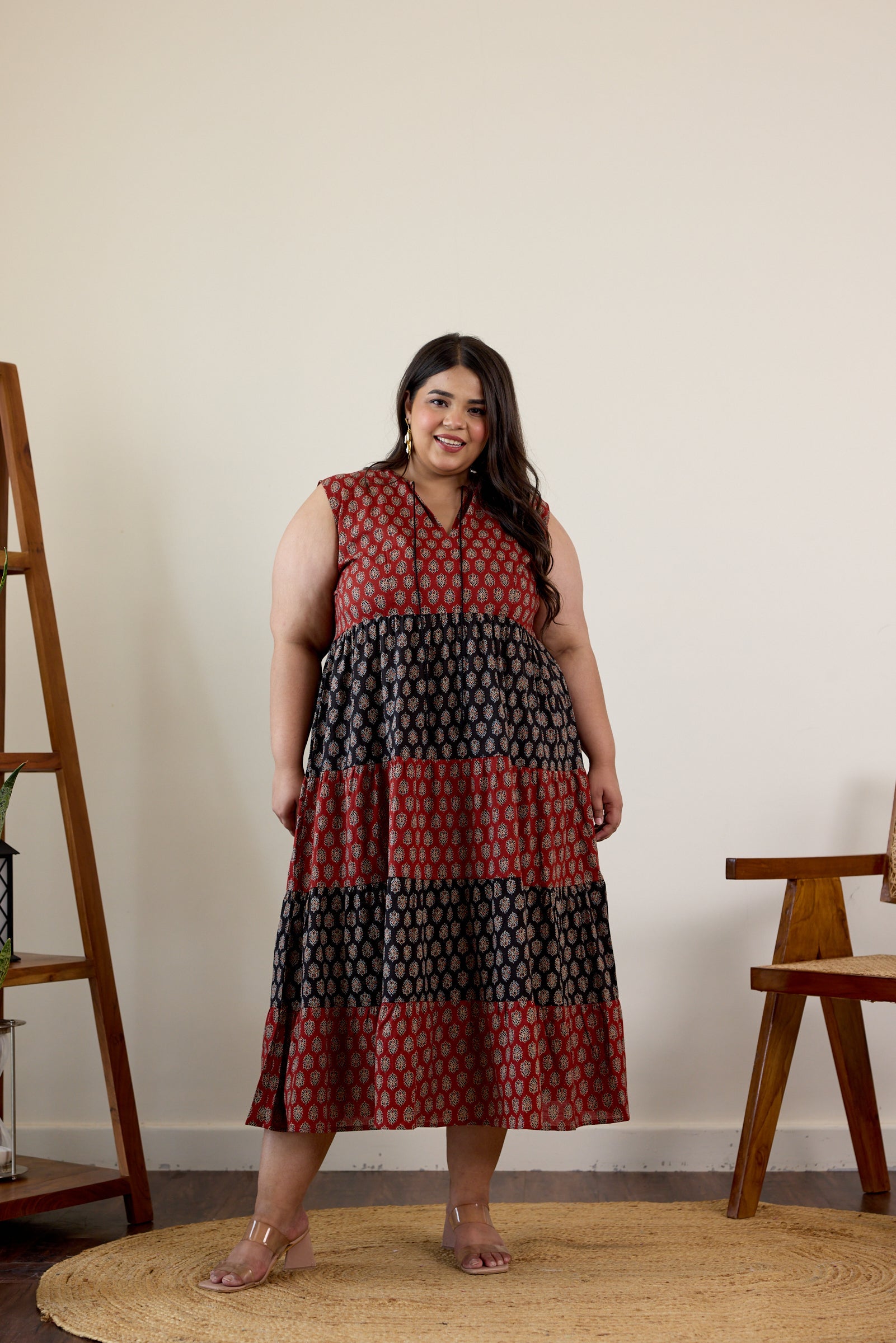 Women's Maroon And Black Bagru Print Tiered Dress - Nangalia Ruchira