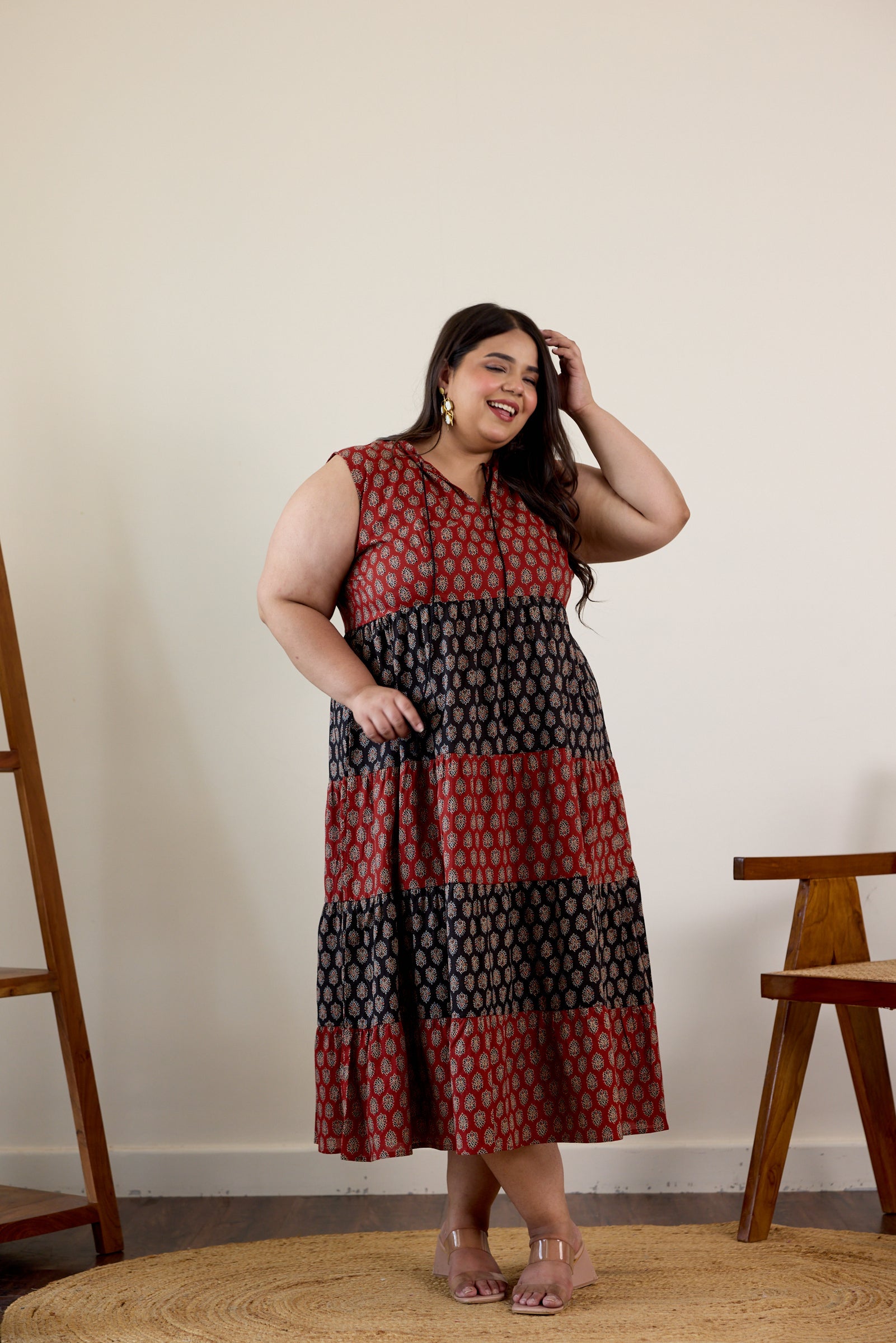 Women's Maroon And Black Bagru Print Tiered Dress - Nangalia Ruchira