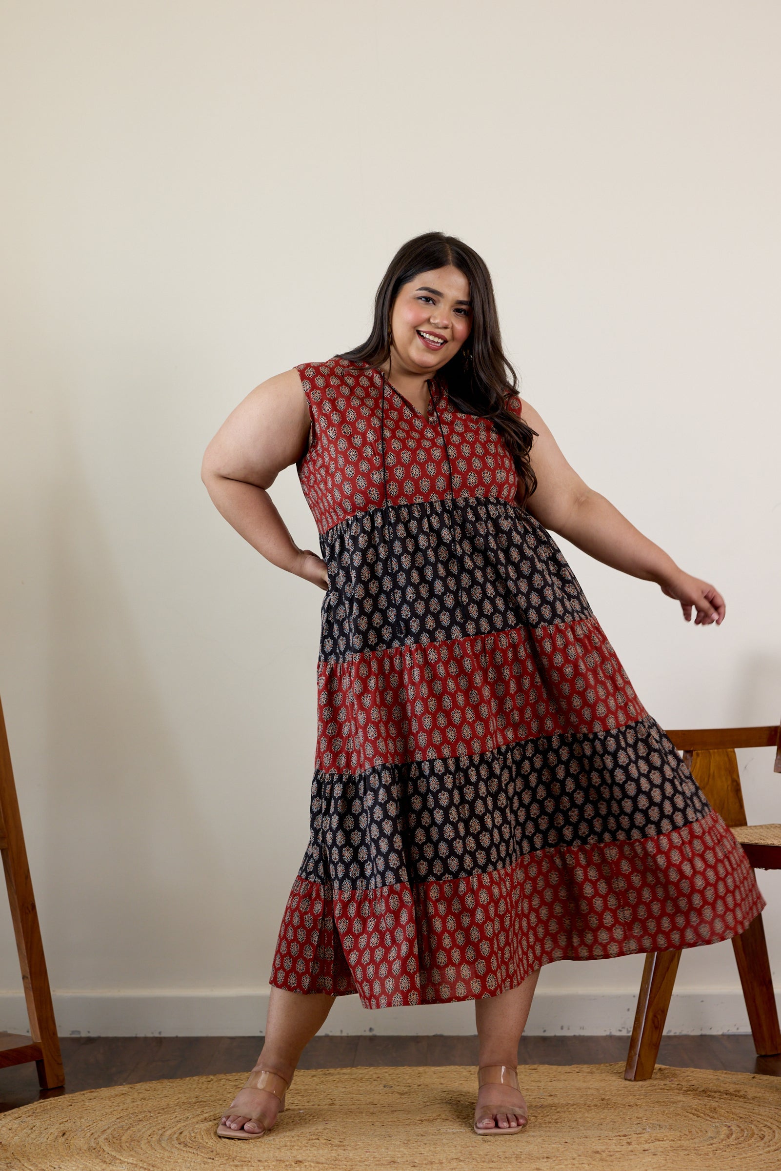 Women's Maroon And Black Bagru Print Tiered Dress - Nangalia Ruchira