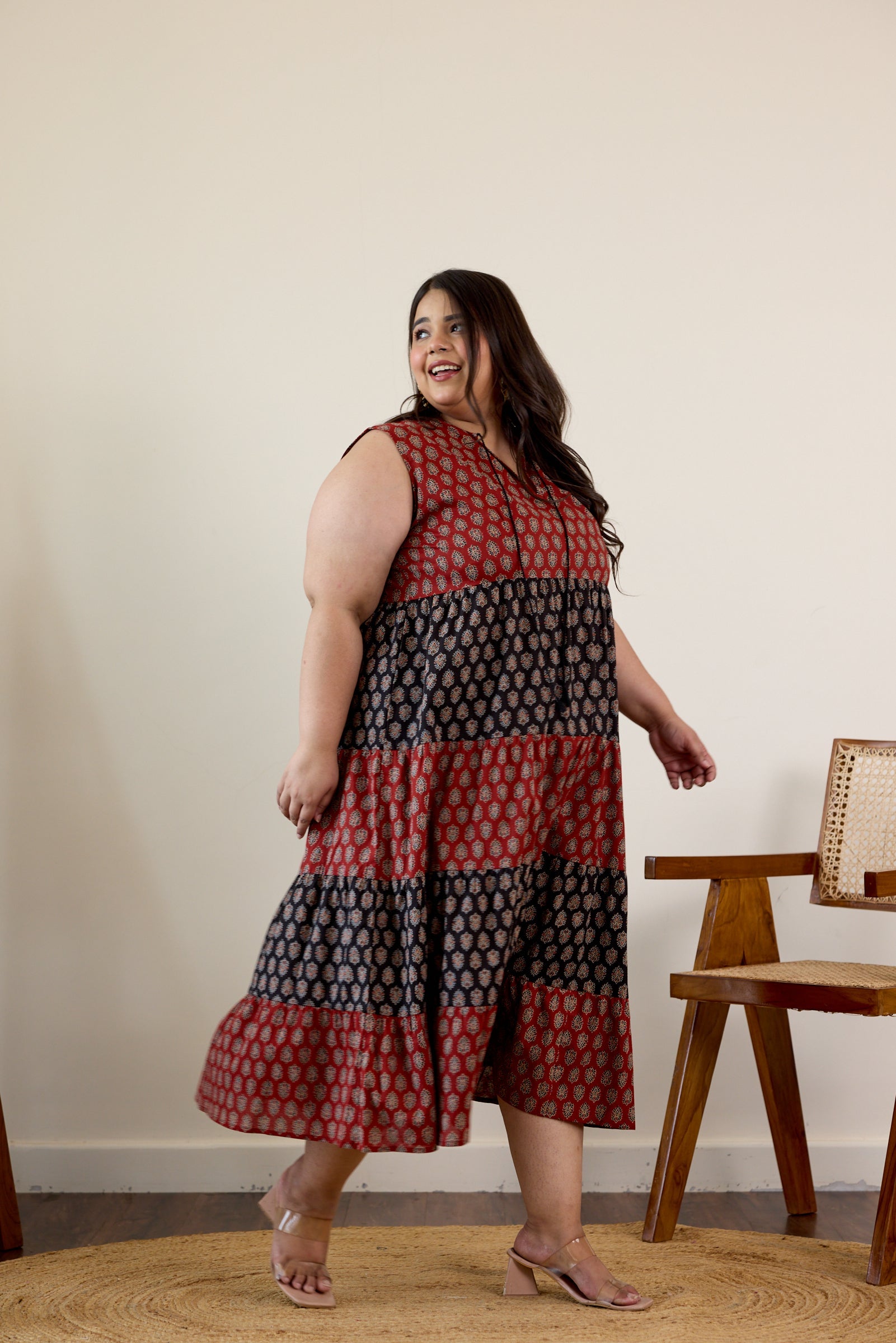 Women's Maroon And Black Bagru Print Tiered Dress - Nangalia Ruchira