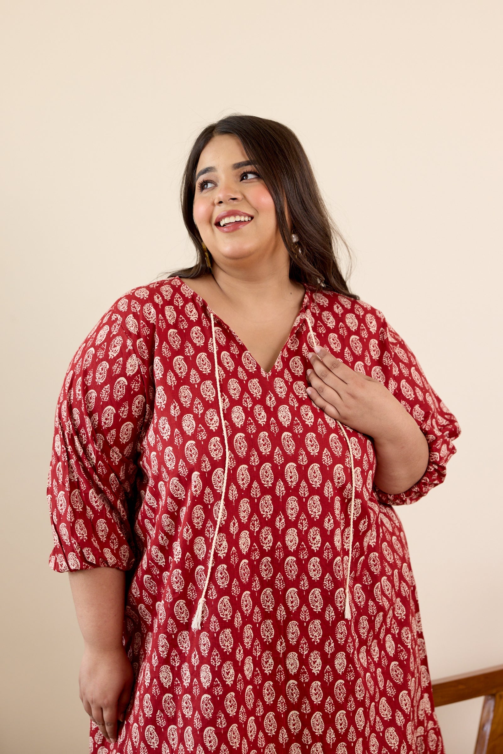 Women's Red Floral Motif Drop Waist Dress - Nangalia Ruchira