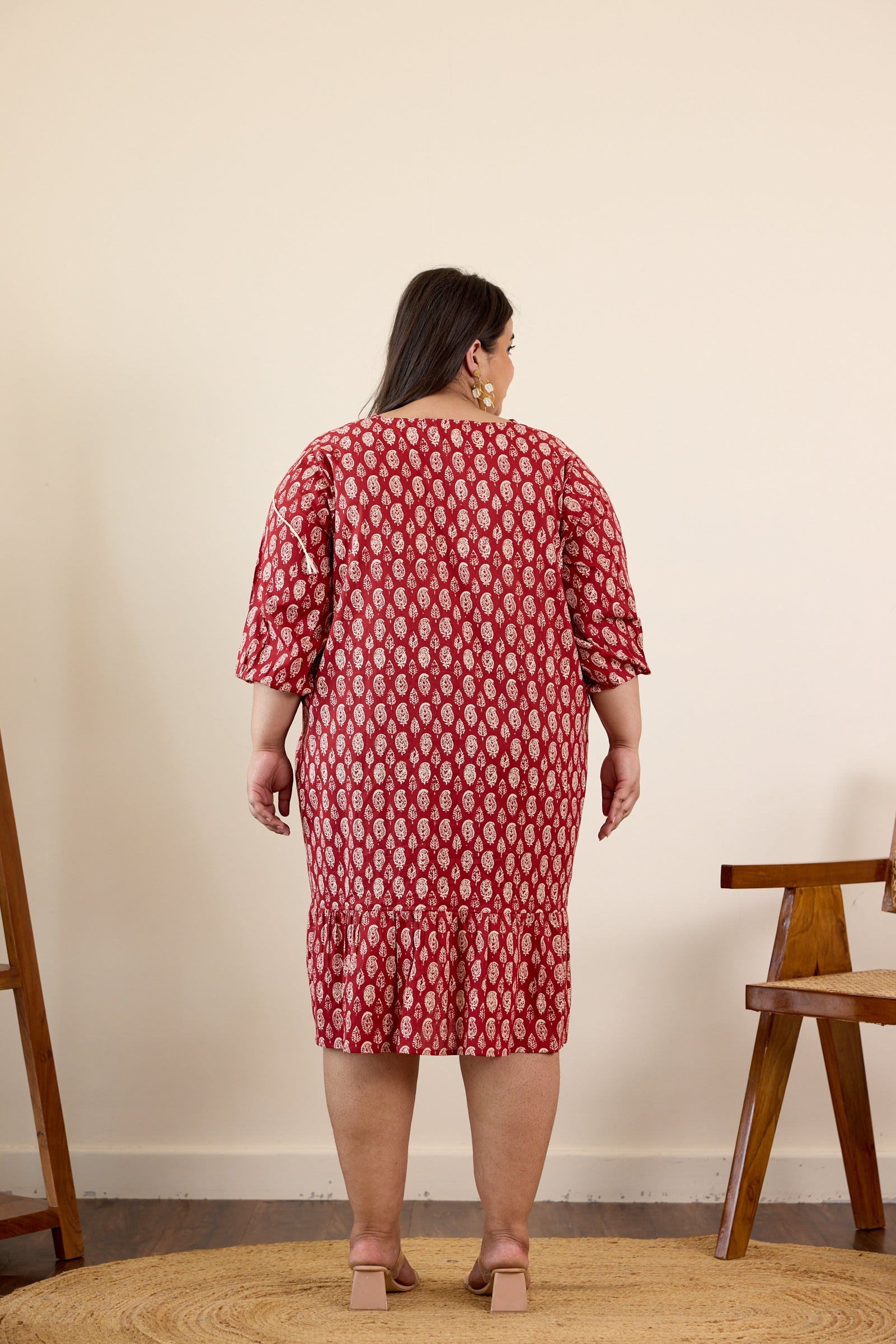 Women's Red Floral Motif Drop Waist Dress - Nangalia Ruchira
